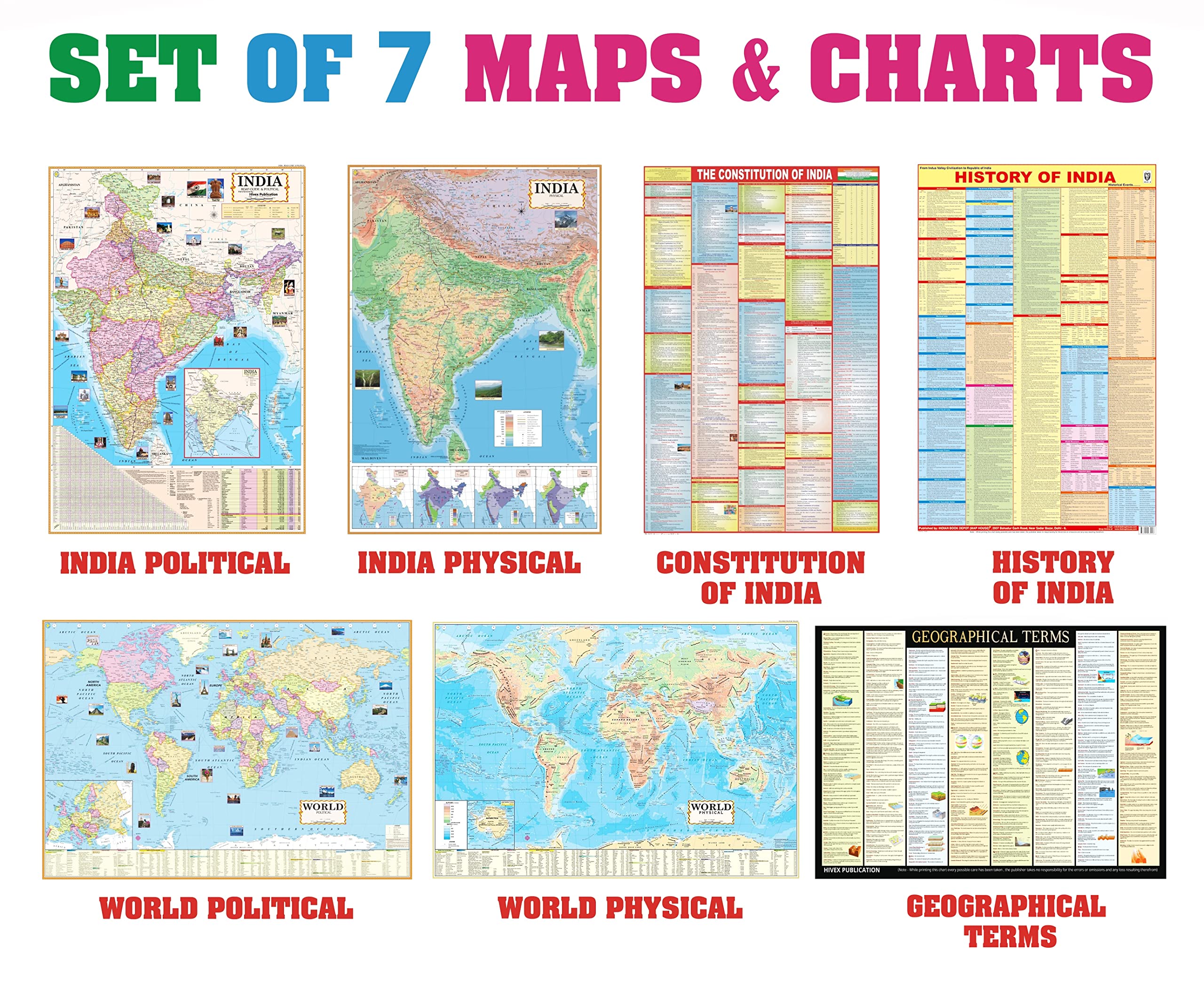 India & World Map ( Both Political & Physical ) With Constitution Of India Chart , History & Geographical Terms Chart | Combo Of