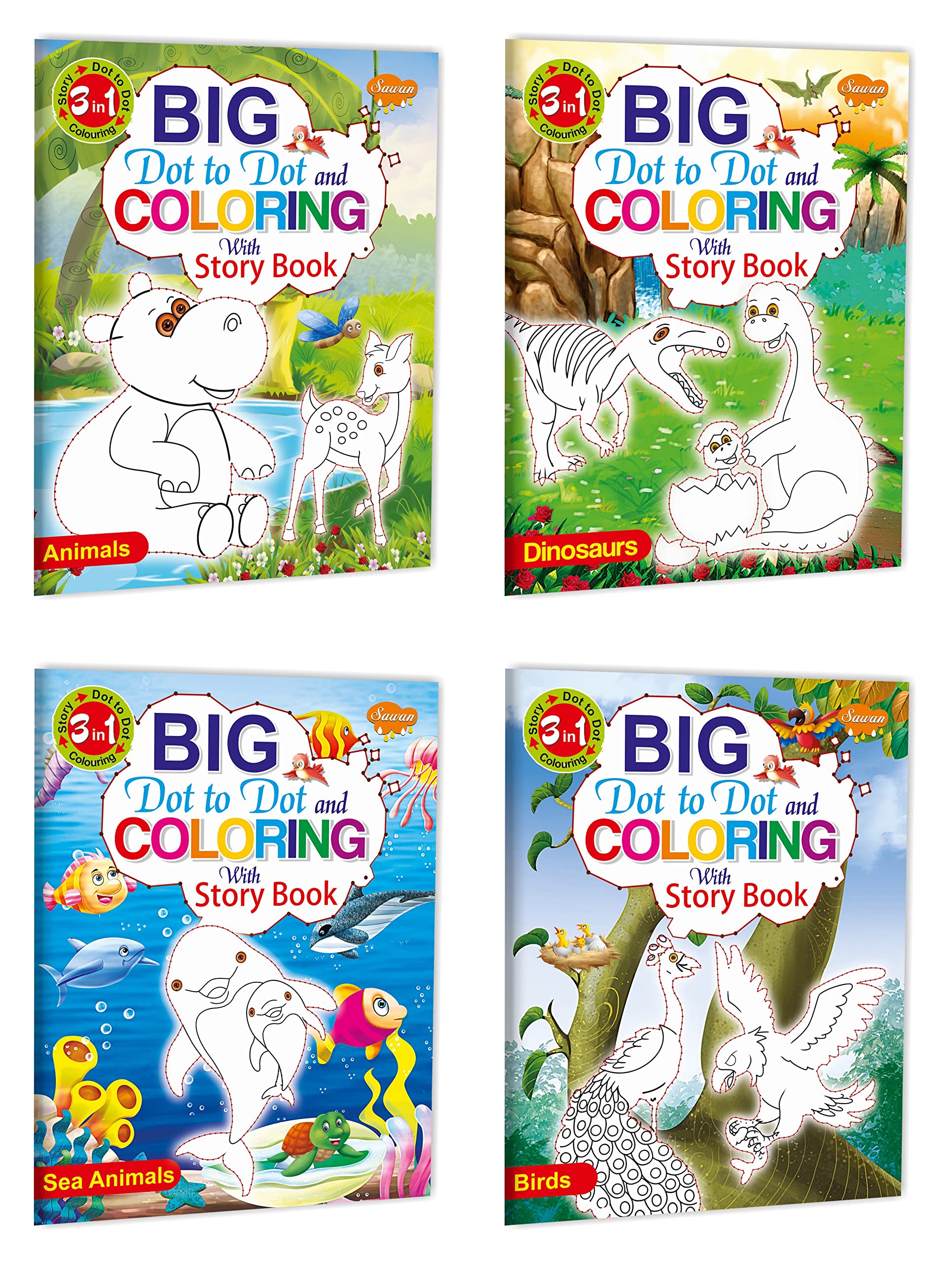 Sawan 4 Big Dot To Dot And Colouring With Story Books  Animals, Dinosaurs, Sea Animals And Birds | Pack Of 4 Books