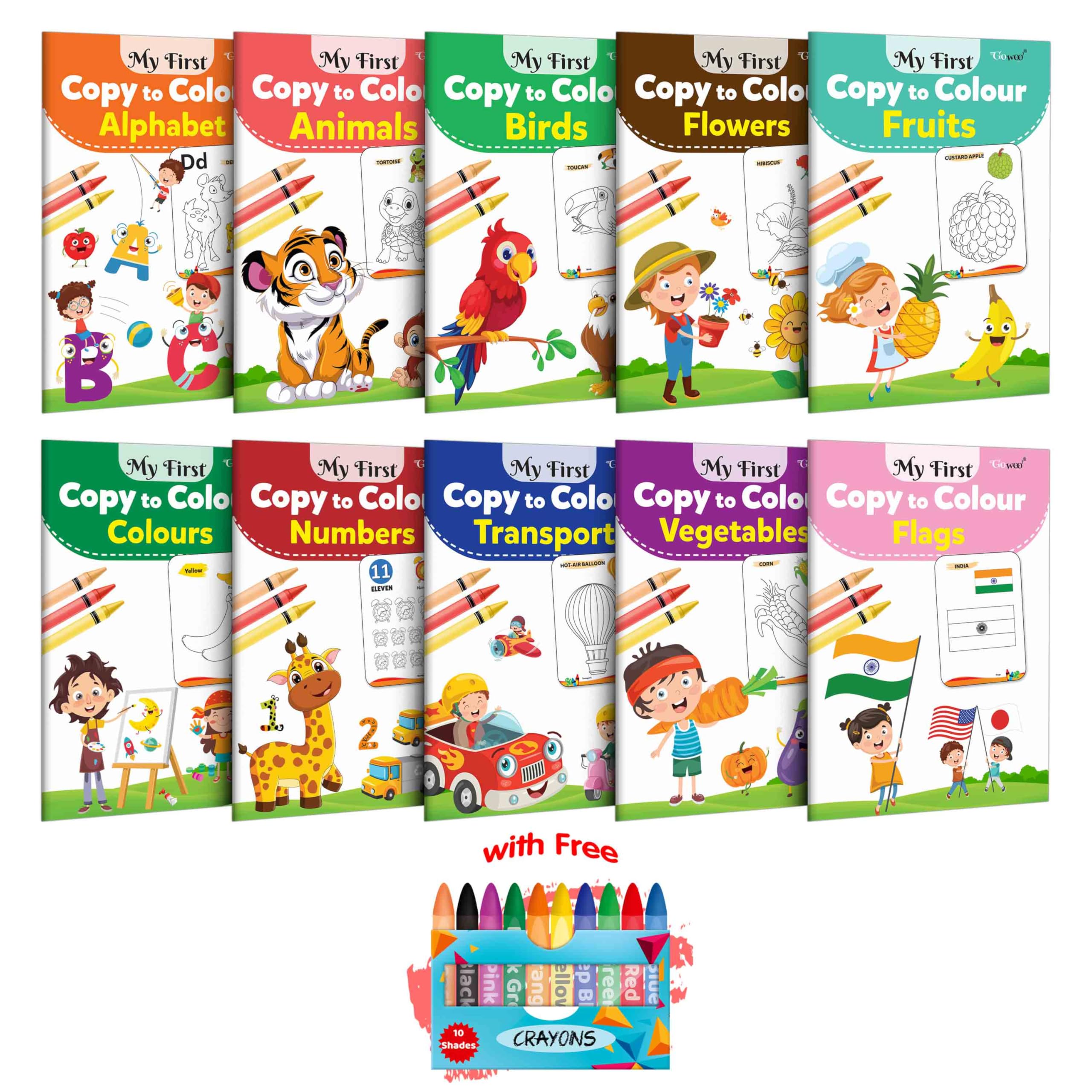 My First Copy to Colour  Alphabet, Animals, Birds, Flowers, Fruits, Colours, Numbers & more with 10 WAX CRAYONS : Children copy