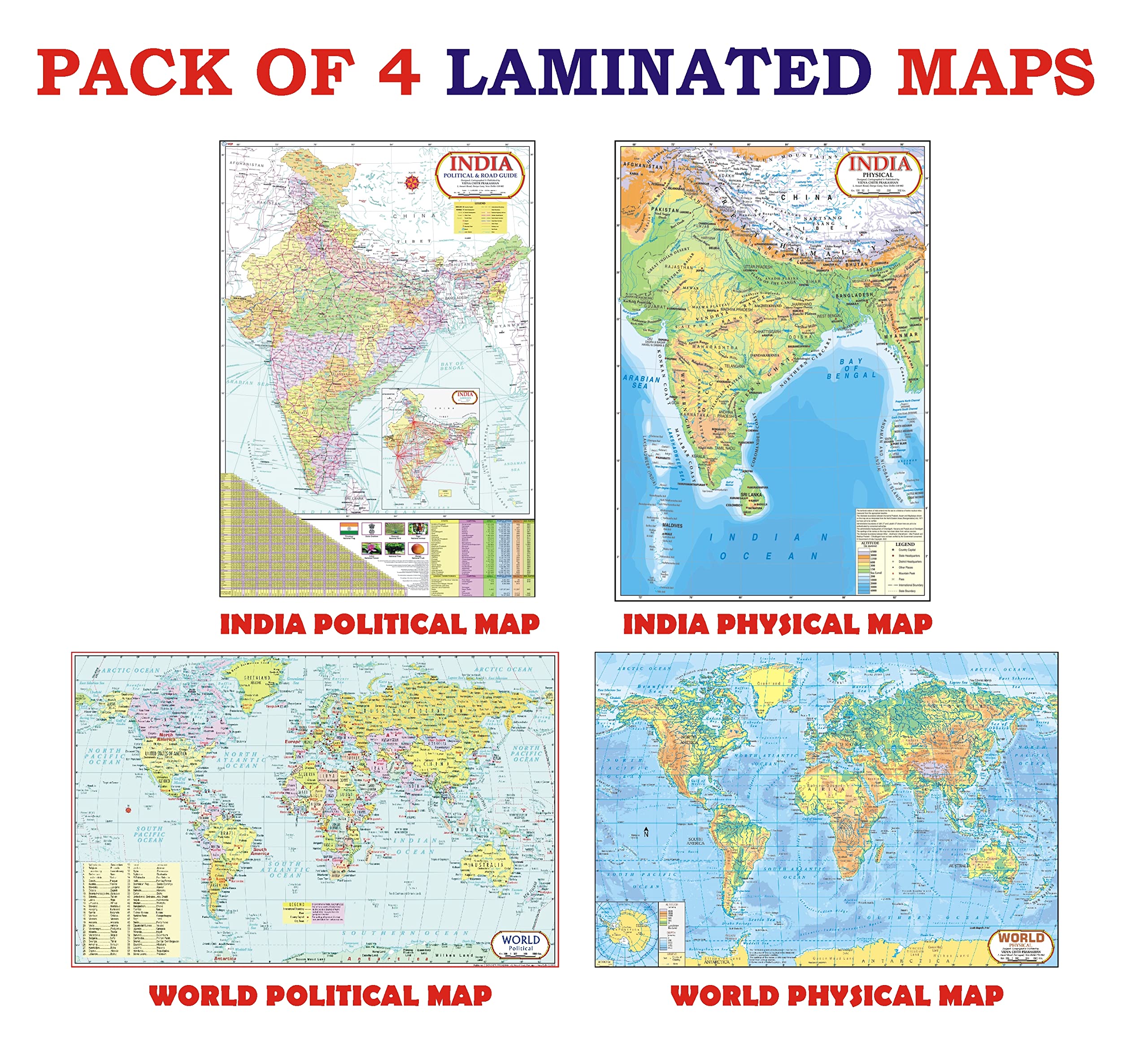 World Map & India Map (Both Political & Physical) | LAMINATED Combo of 4 Maps | Printed on Both Sides | Size : 45 x 30 cm |