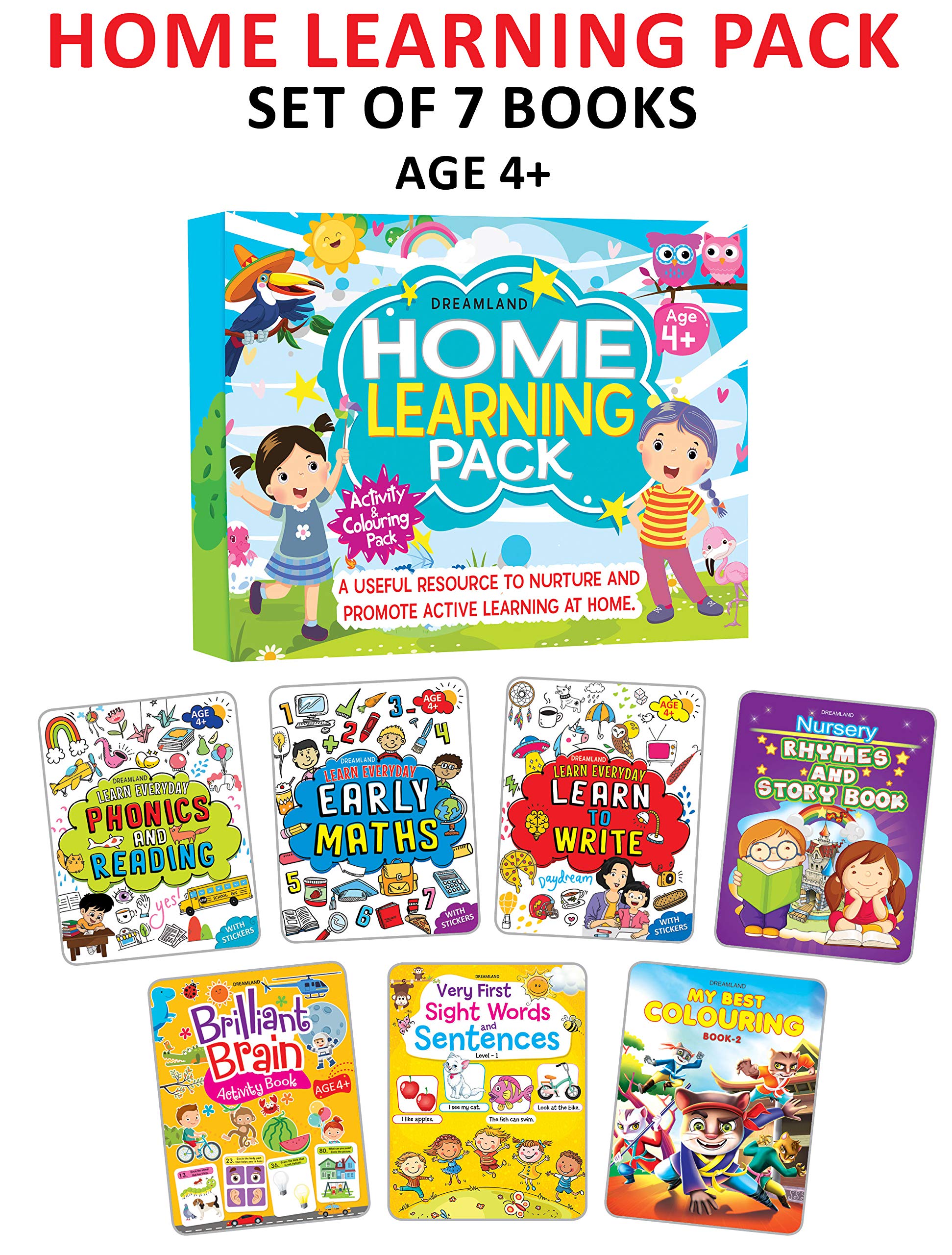 Home Learning Books Pack Age 4+ An Amazing Set of 7 Books Phonics and Reading, Early Maths, Learn to Write, Nursery Rhymes and 