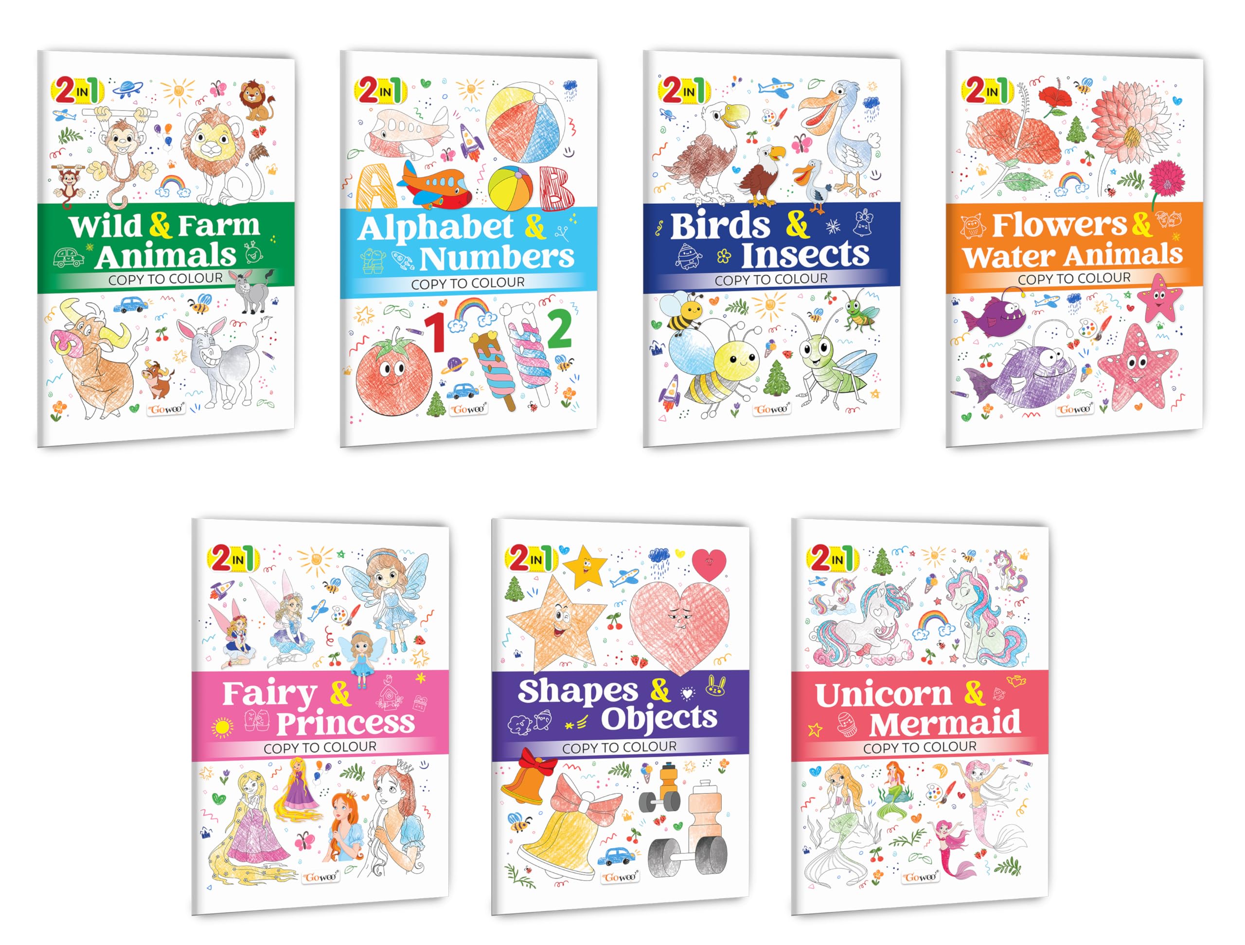 2 in 1 Copy to Colour  Alphabet & Numbers, Birds & Insects, Fairy & Princess and more : Exciting 2 in 1 copy colouring, Fantas