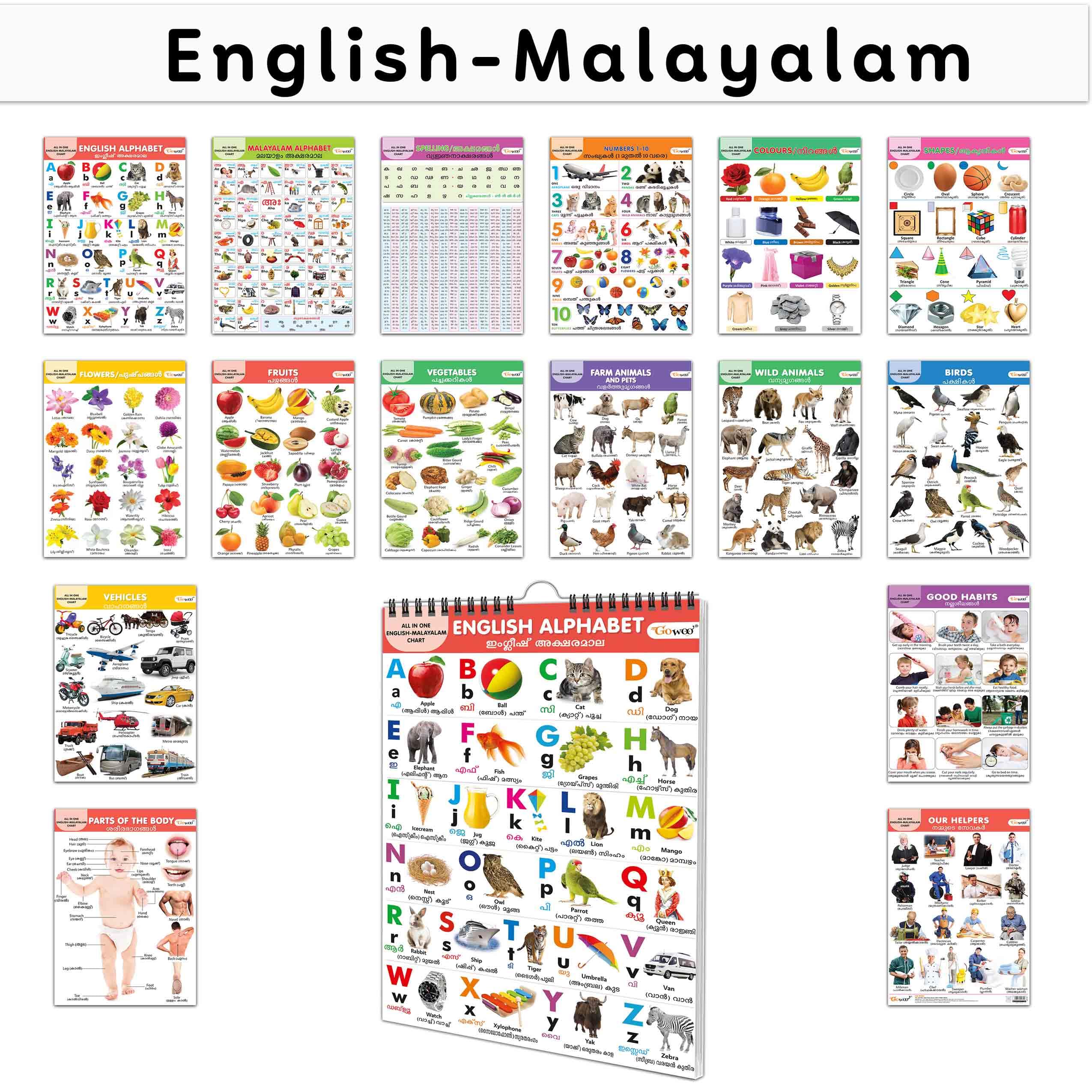My First ALL IN ONE SPIRAL CHART ENGLISHMALYALAM : Early Learning Chart Book Collections, Chart Book With 16 Topics, gift for K