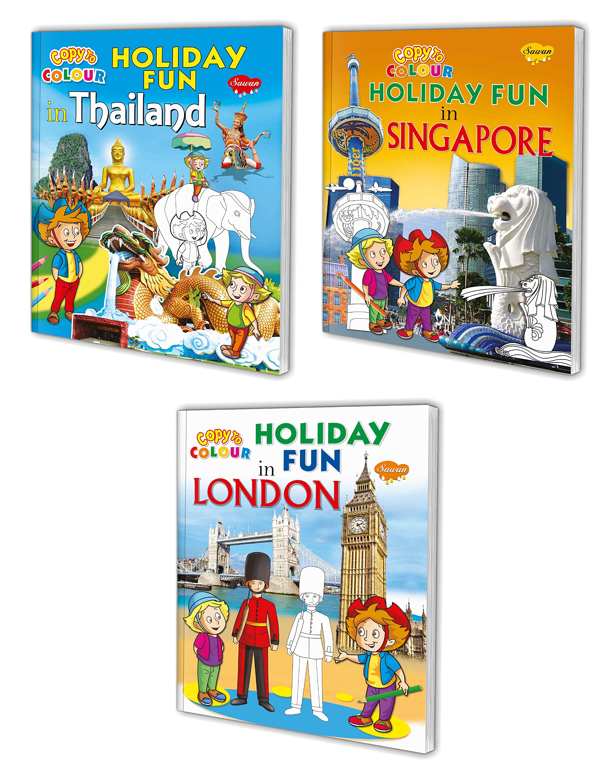 Sawan Holiday Fun In Thailand, Holiday Fun In Singapore, Holiday Fun In London Colouring Book | Pack Of 3 Books