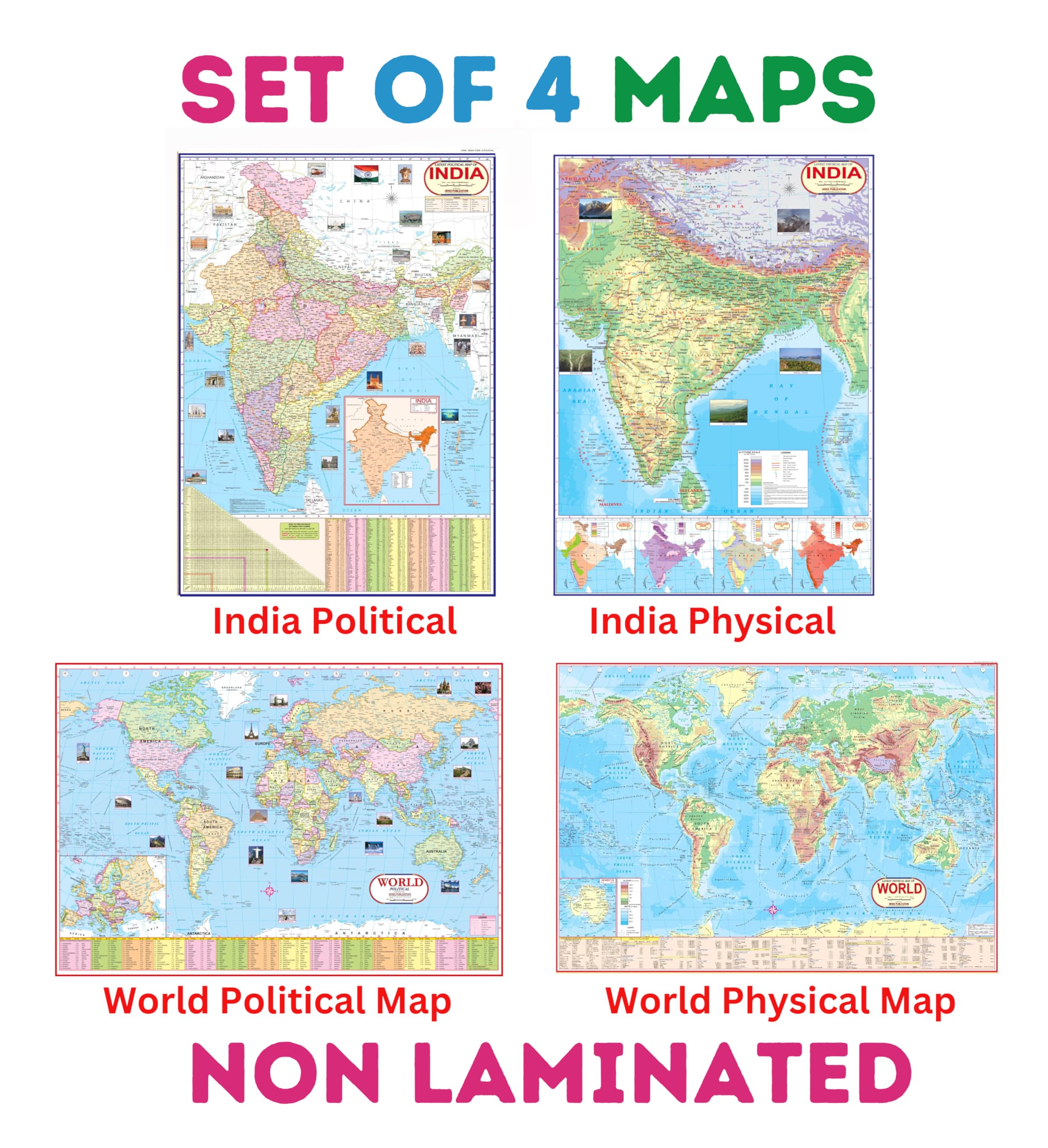 India And World Both Political And Physical Map | Set Of 4 Maps | Size 70100 Cm | Useful For Upsc And Other Competitive Exam Pre