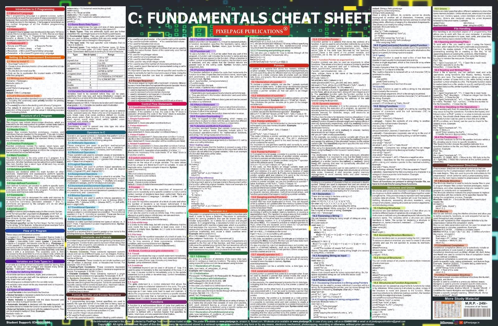 C: Fundamentals Cheat Sheet wall chart poster | Large Size Wall chart By PixelPage Publications