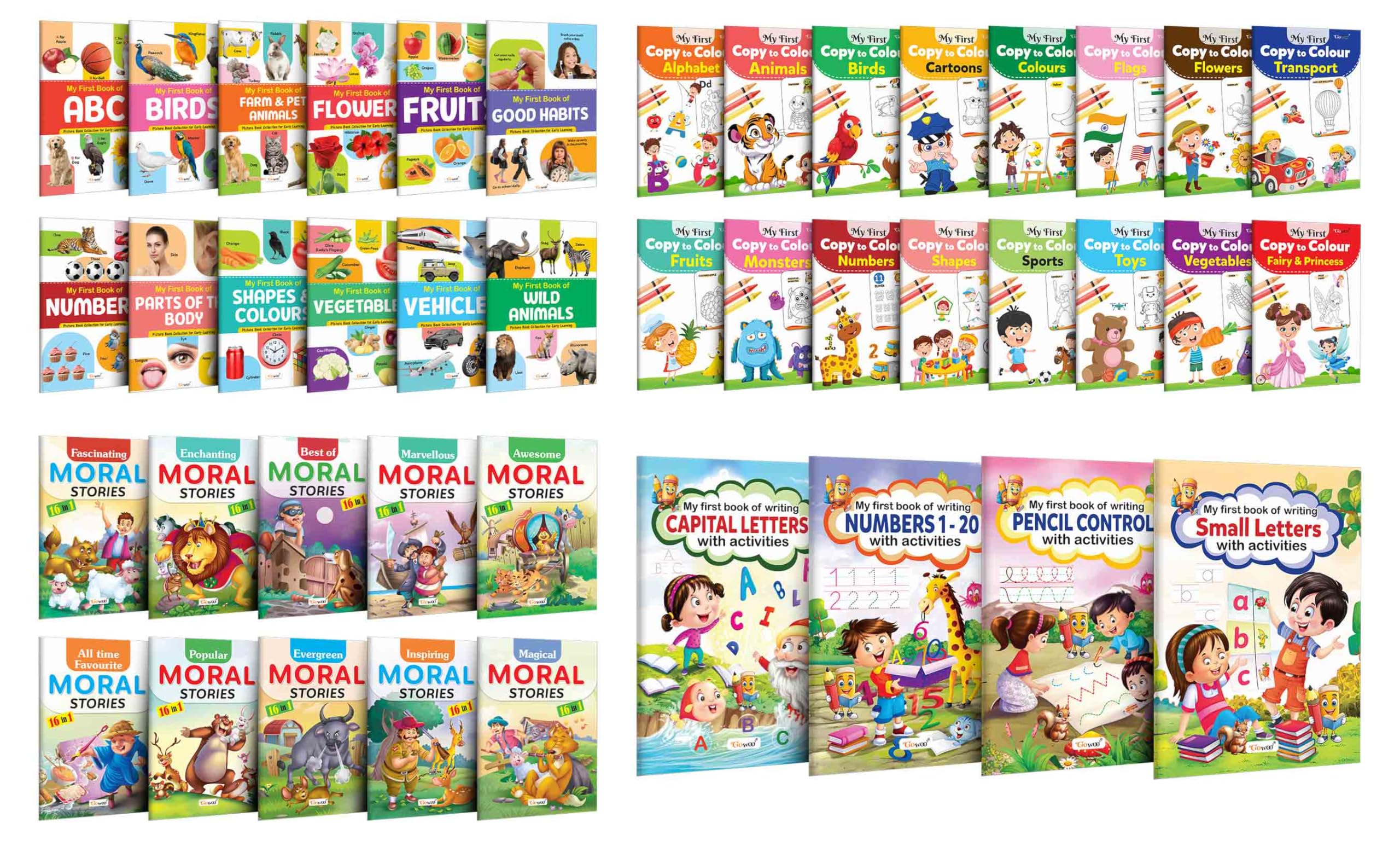 My first all in one Picture book collection, Copy to colour, Moral Stories & Writing Letters with activities : Colouring book fo