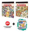 Fashion and Flowers  Adult Colouring Book with 12 Colour Pencils + 1 Sharpener : Relaxing Coloring Book, Creative Coloring Fun 