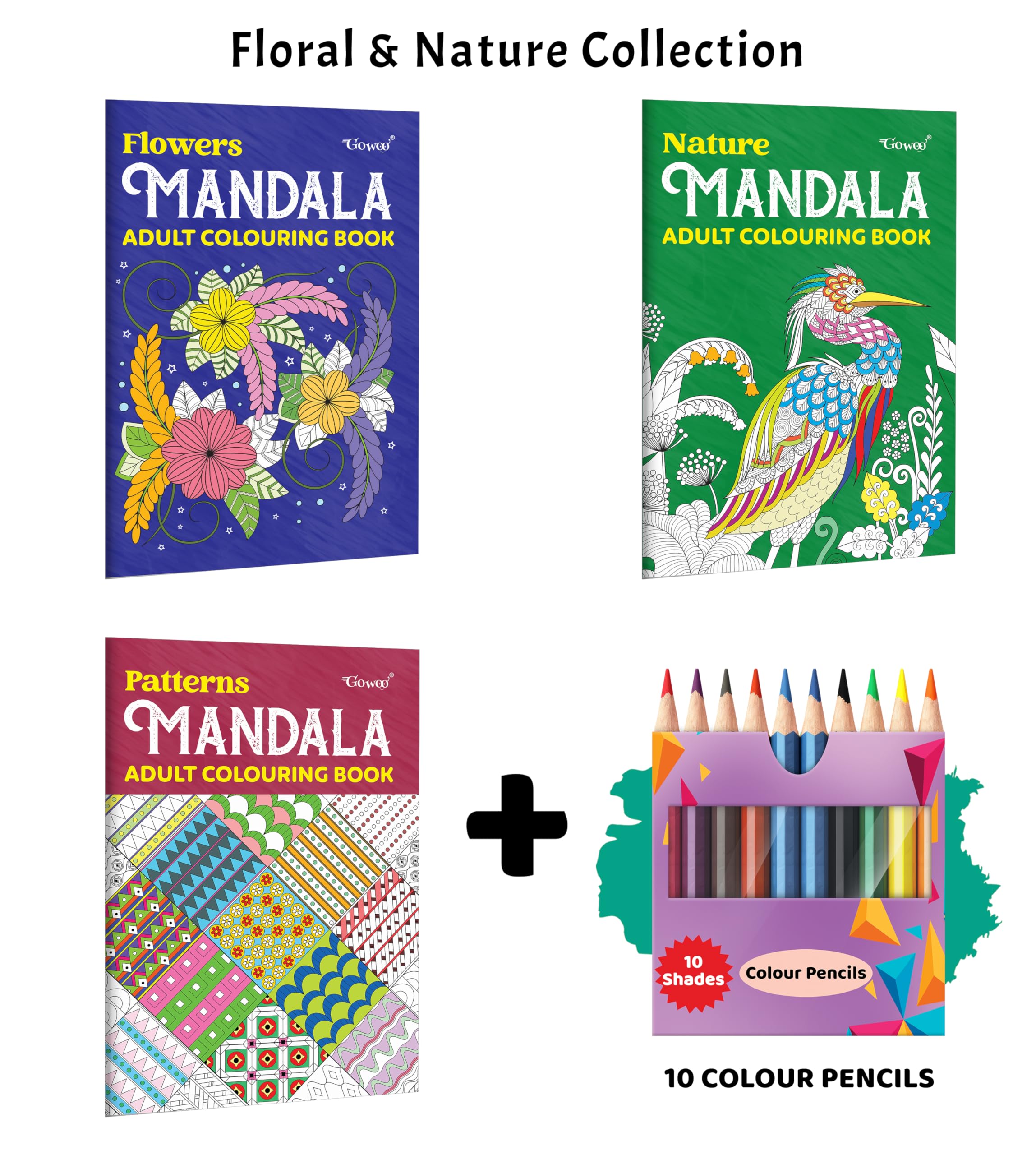 Flower, Nature, Pattern  Mandala Adult Colouring Book with 10 Colour Pencils : floral mandala art collection, natureinspired 