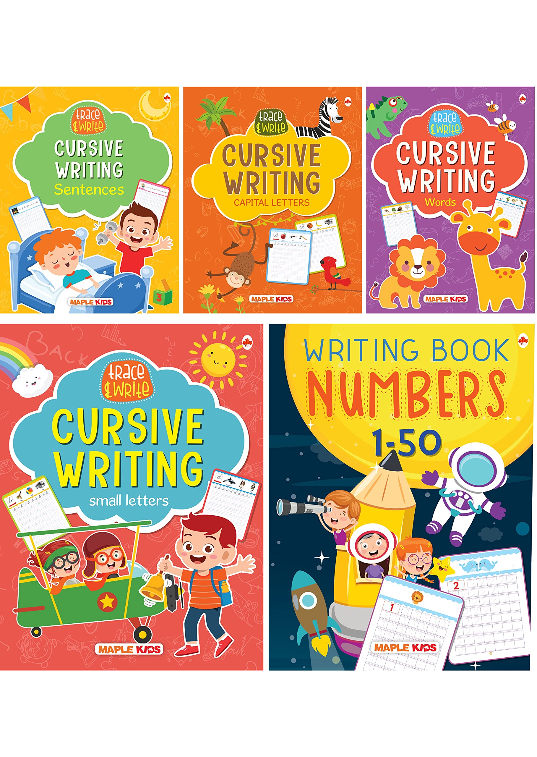 Cursive Writing Books (Set Of 5 Books) (Practice)  Small Letters, Capital Letters, Words, Sentences, Number Writing 150