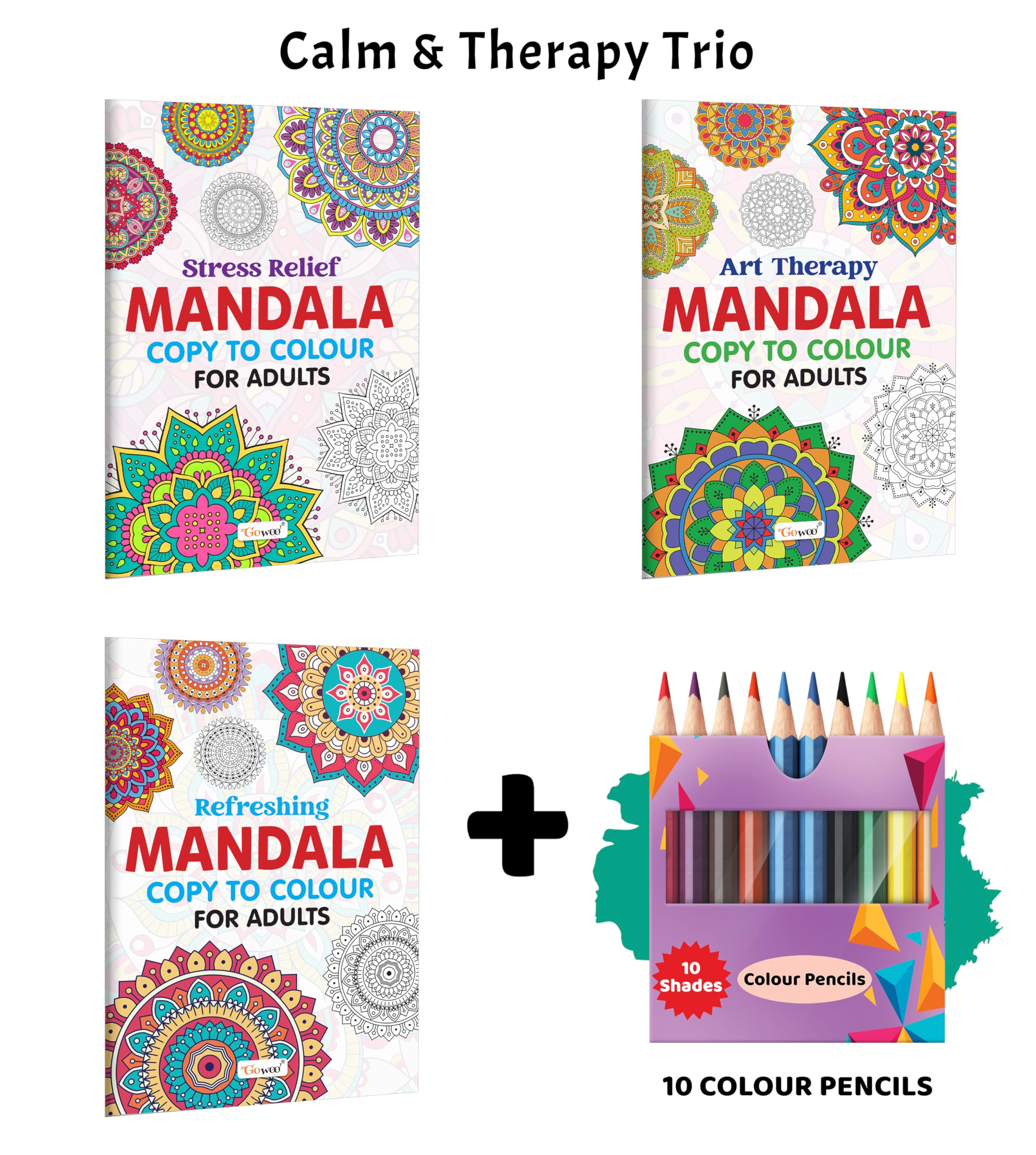 Stress Relief, Art Therapy, Refreshing  Mandala Copy to Colour for Adults with 10 Colour Pencils : Relaxing Mandala Art, Creat