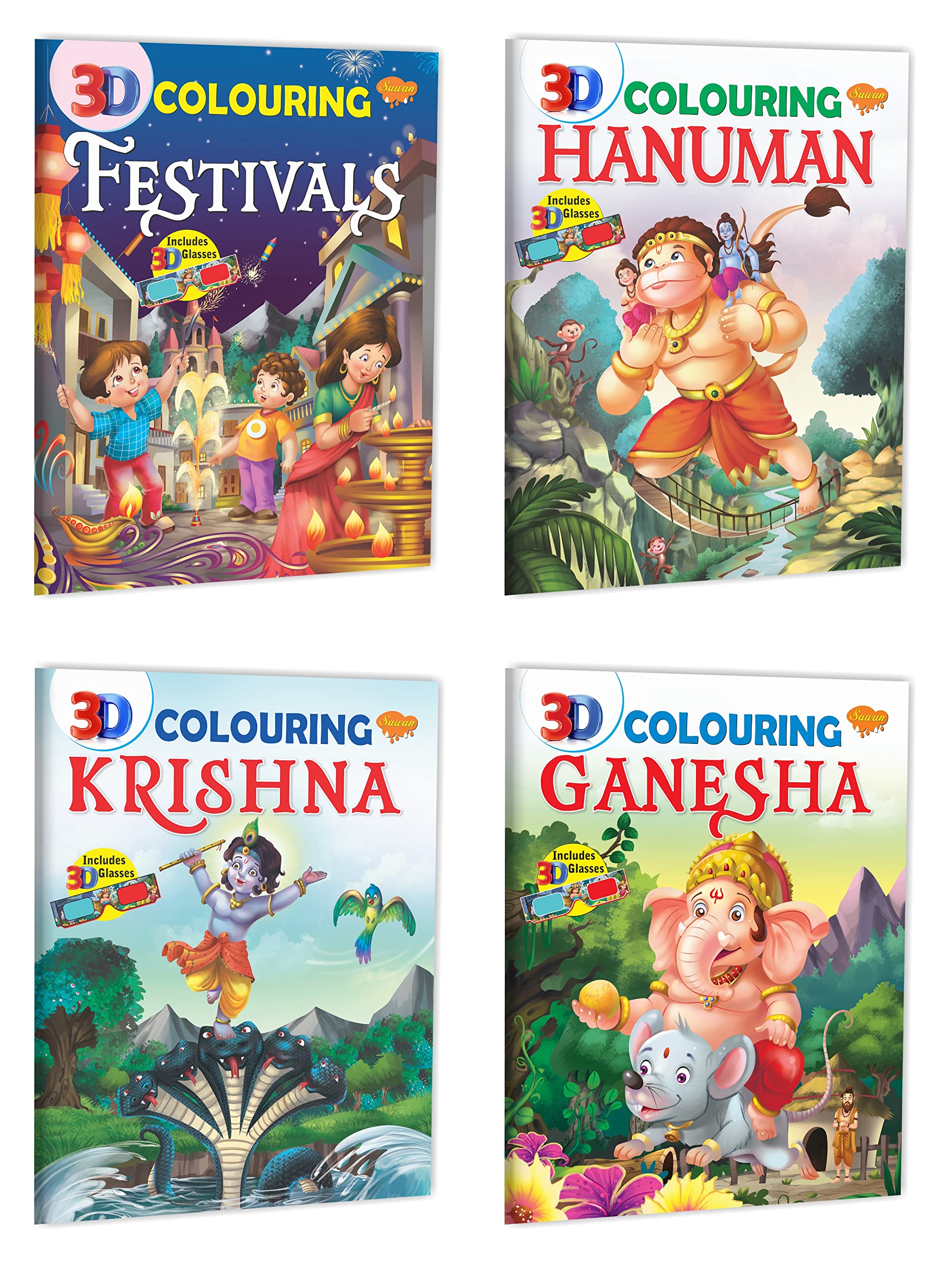Sawan Set Of 4 3D Colouring Books (3D Colouring: Festivals, Hanuman, Krishna, Ganesha)
