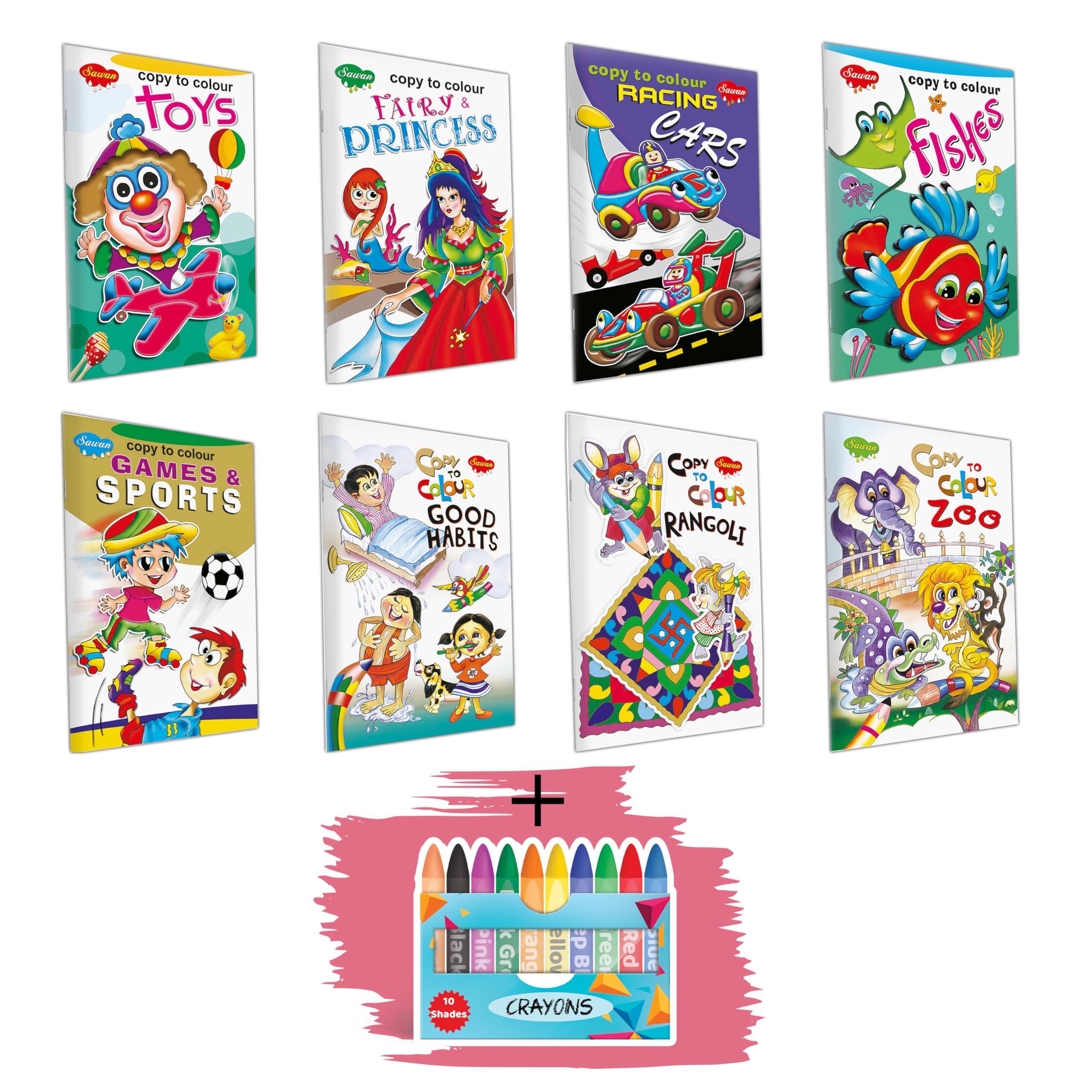 Set Of 8 Colouring Books |Toys, Rangoli, Fairy And Princess, Zoo, Cars, Good Habits, Games And Sports, And Fishes |Colour Books 