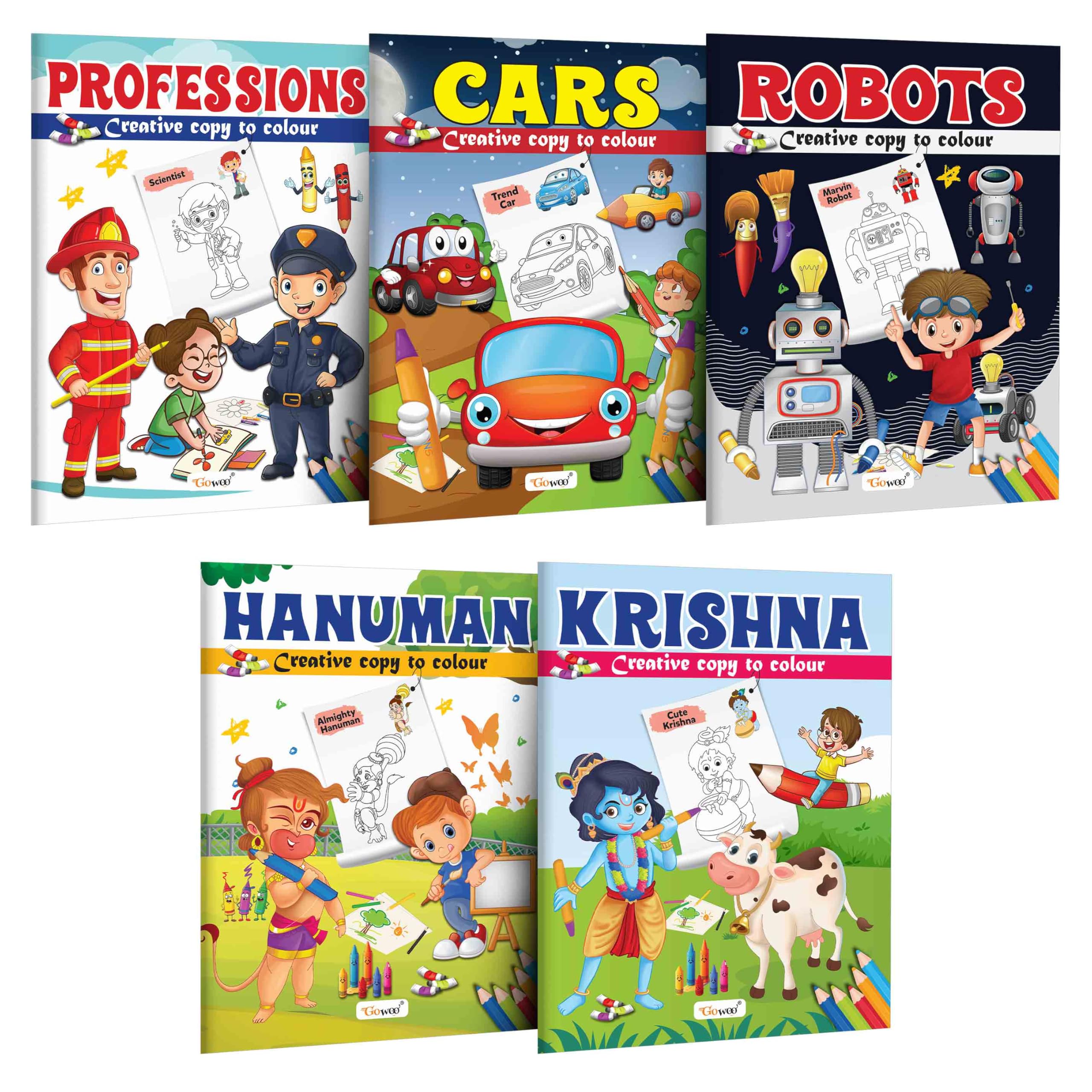 Professions, Cars, Robot, Hanuman and Krishna  Creative Copy to Colour book : Kids Art and Colouring Book, Easy Coloring Book f