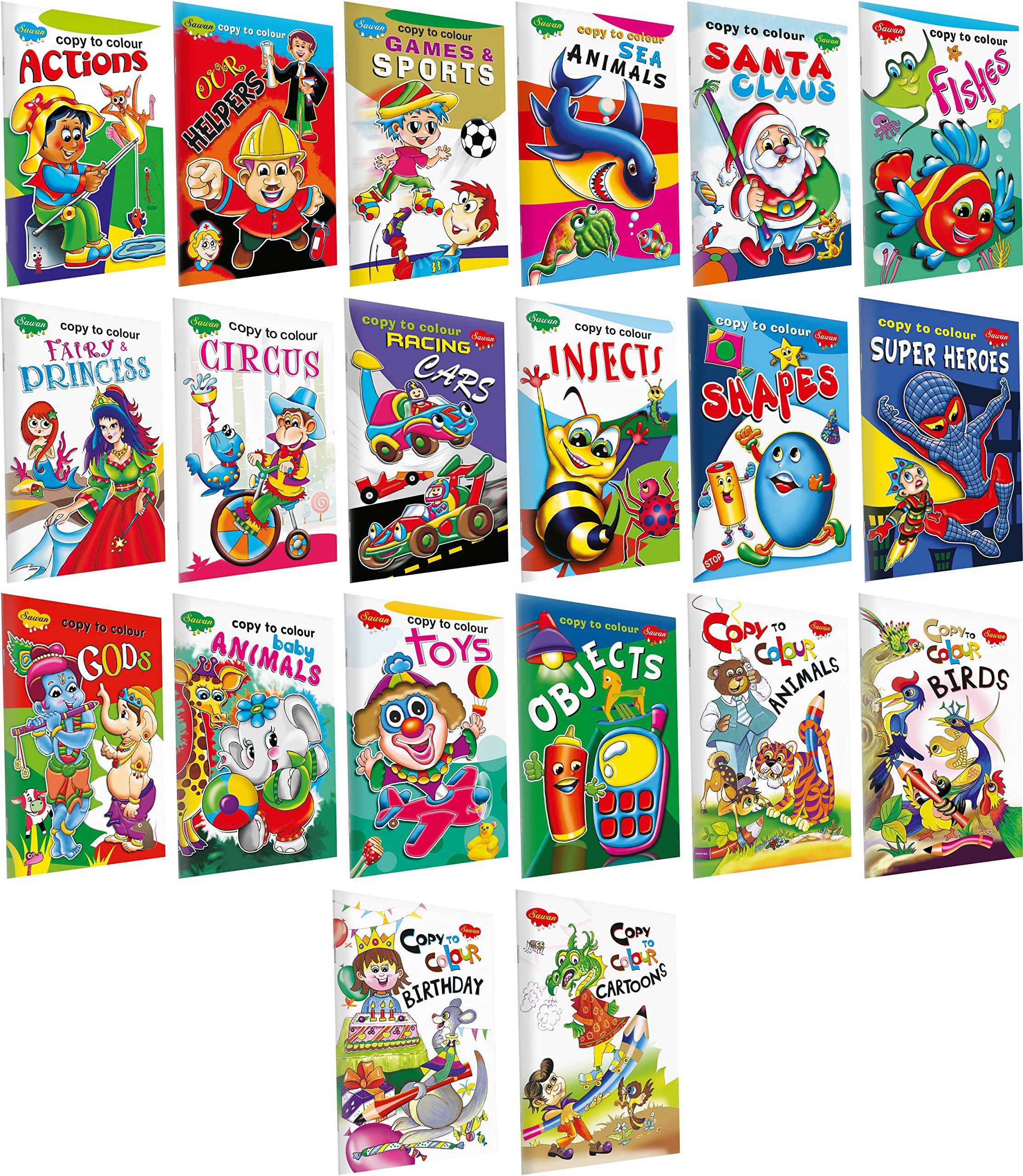 Sawan Set Of 20 Books Colouring Books For Kids (Copy To Colour Actions, Our Helper, Games & Sports, Sea Animals, Santa Claus, Fi