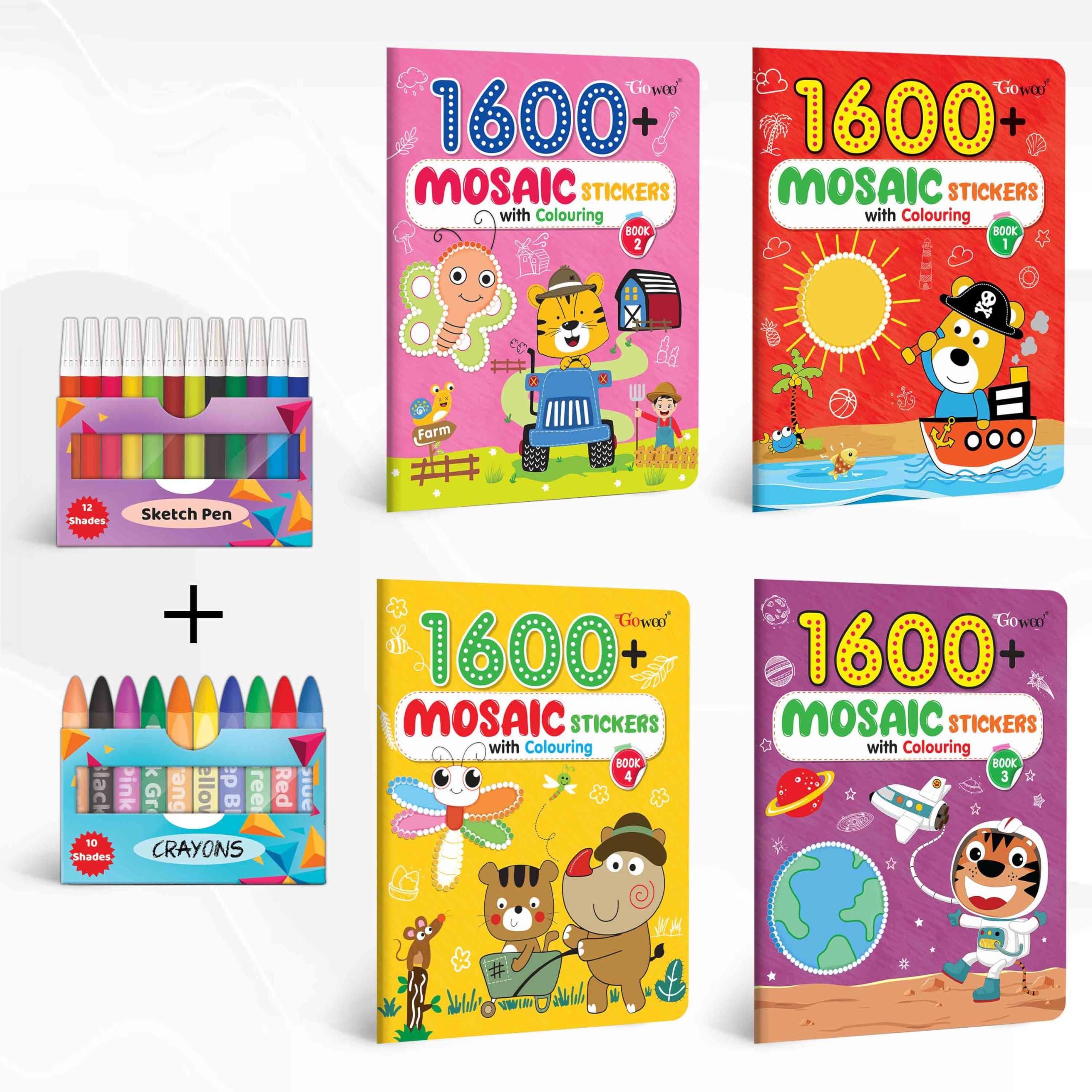 1600 MOSAIC STICKERS WITH COLOURING  BOOK 1, 2, 3 & 4 with 10 WAX CRAYONS and 12 WATER COLOUR SKETCH PEN |Combo of 4 | Colorful