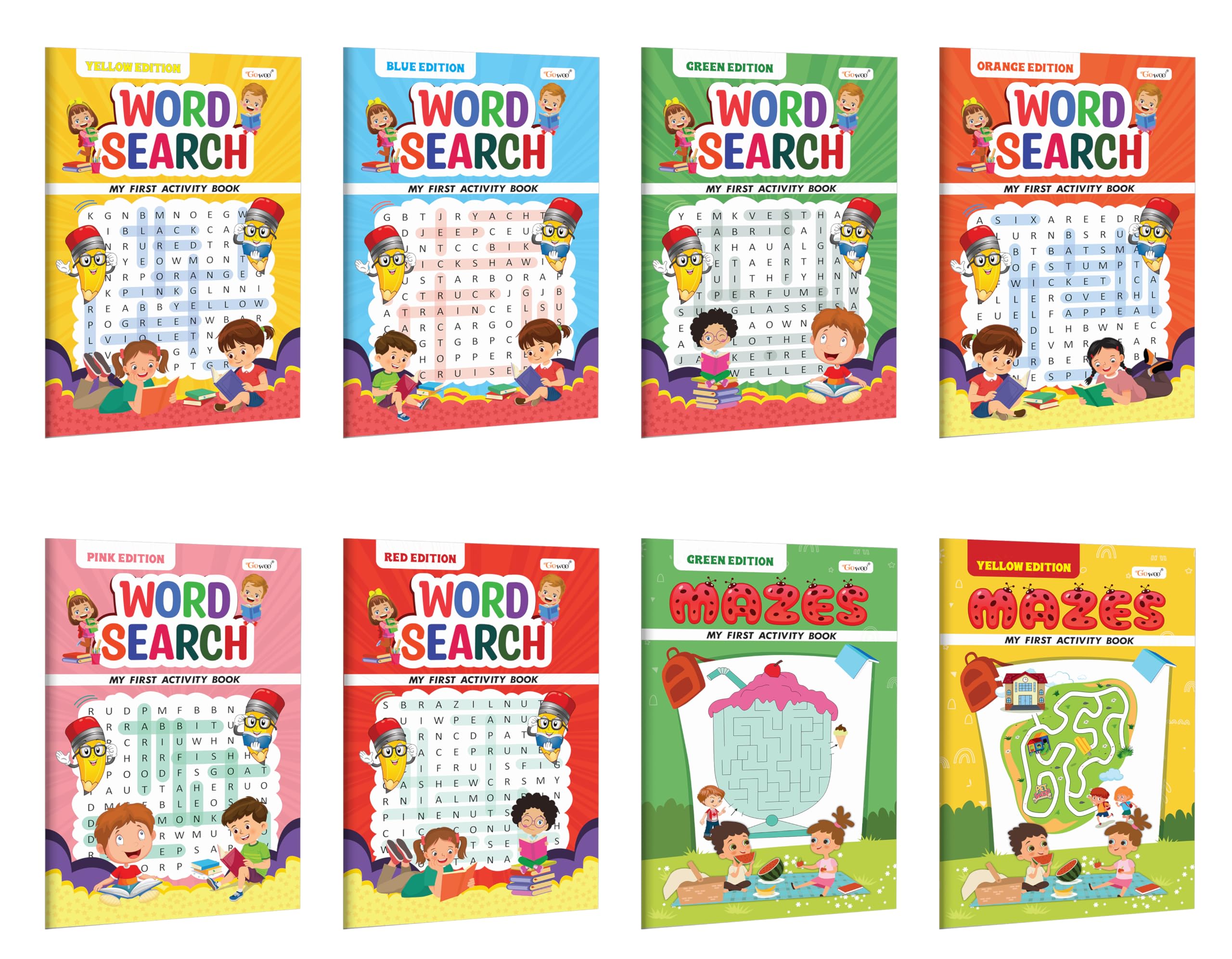 My First Activity Book Word Search and Mazes  Yellow, Green, Blue, Pink, Orange and Red Edition : Toddler educational workbook