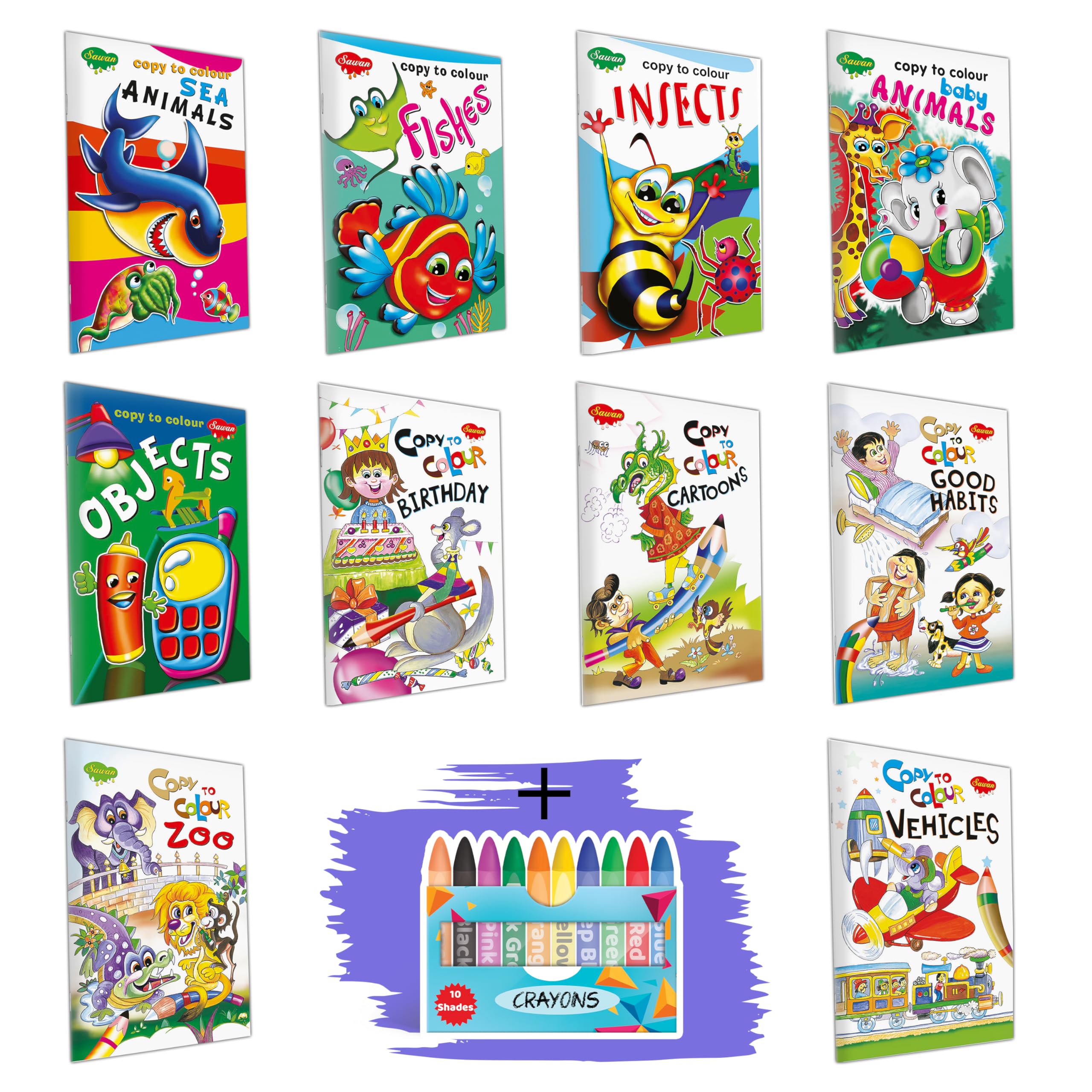 Set of 10 colouring books| Sea Animals, Fishes, insects, Baby Animals, Objects, Birthday, Cartoons, Good Habits, Zoo, Vehicles,1