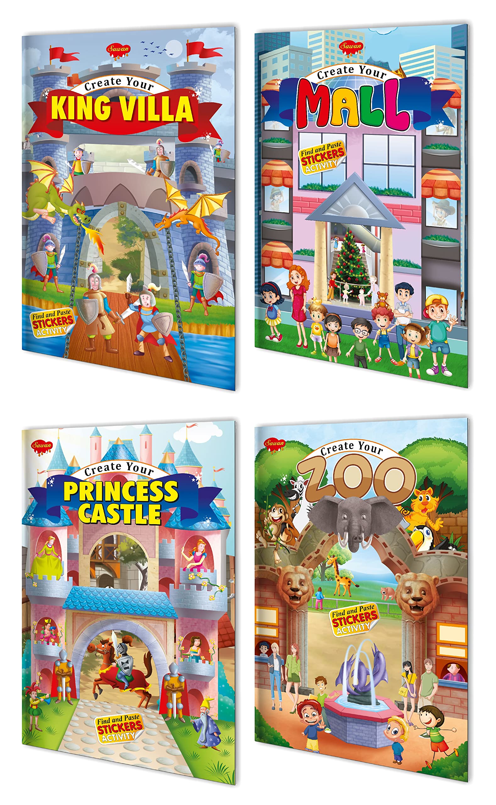 Stickers Activity Fun Pack | Set Of 4 Find And Paste Sticker Activity Books