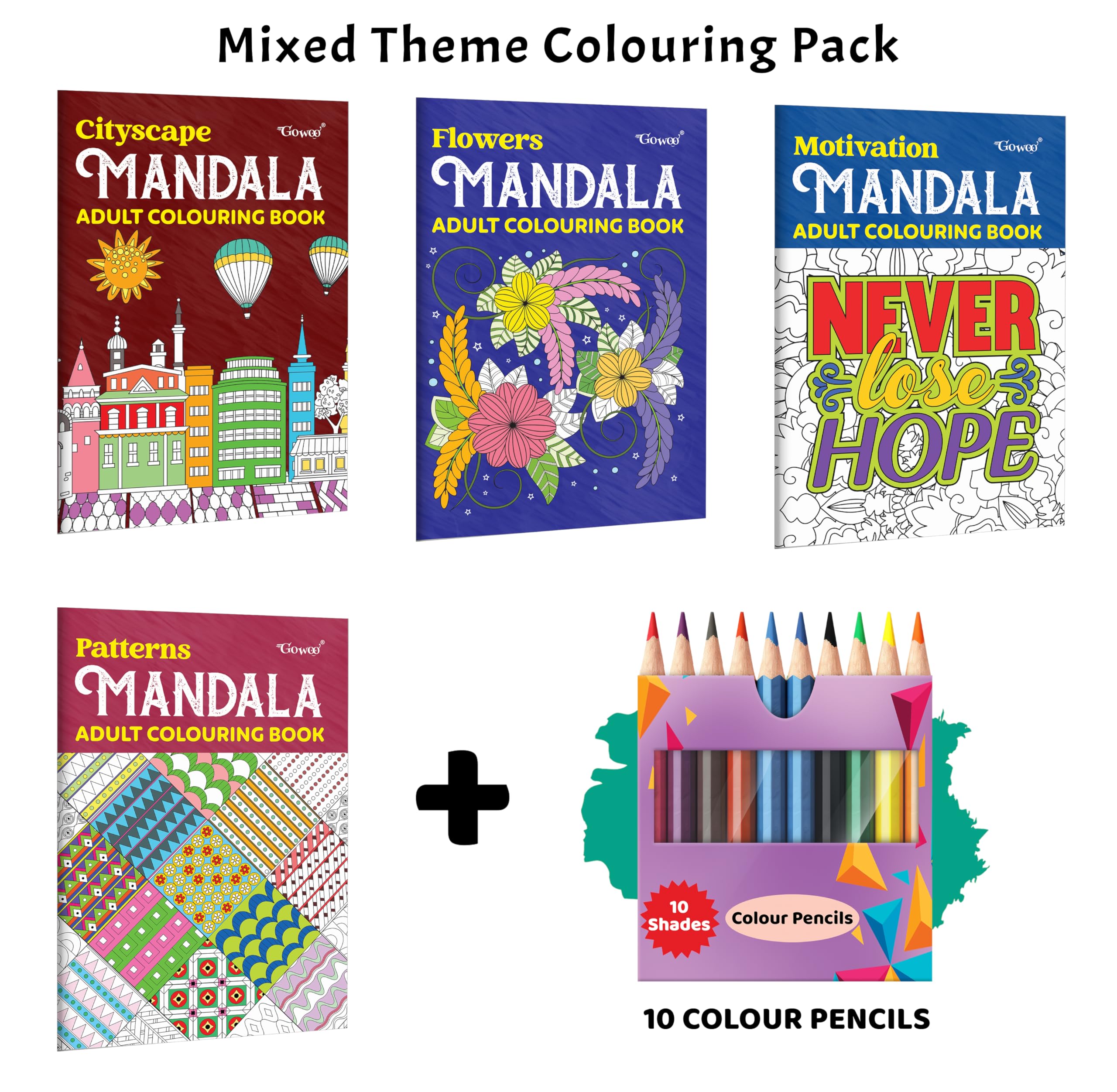 Cityscape, Flower, Motivation  Mandala Adult Colouring Book and more with 10 Colour Pencils : mandala art collection for adult