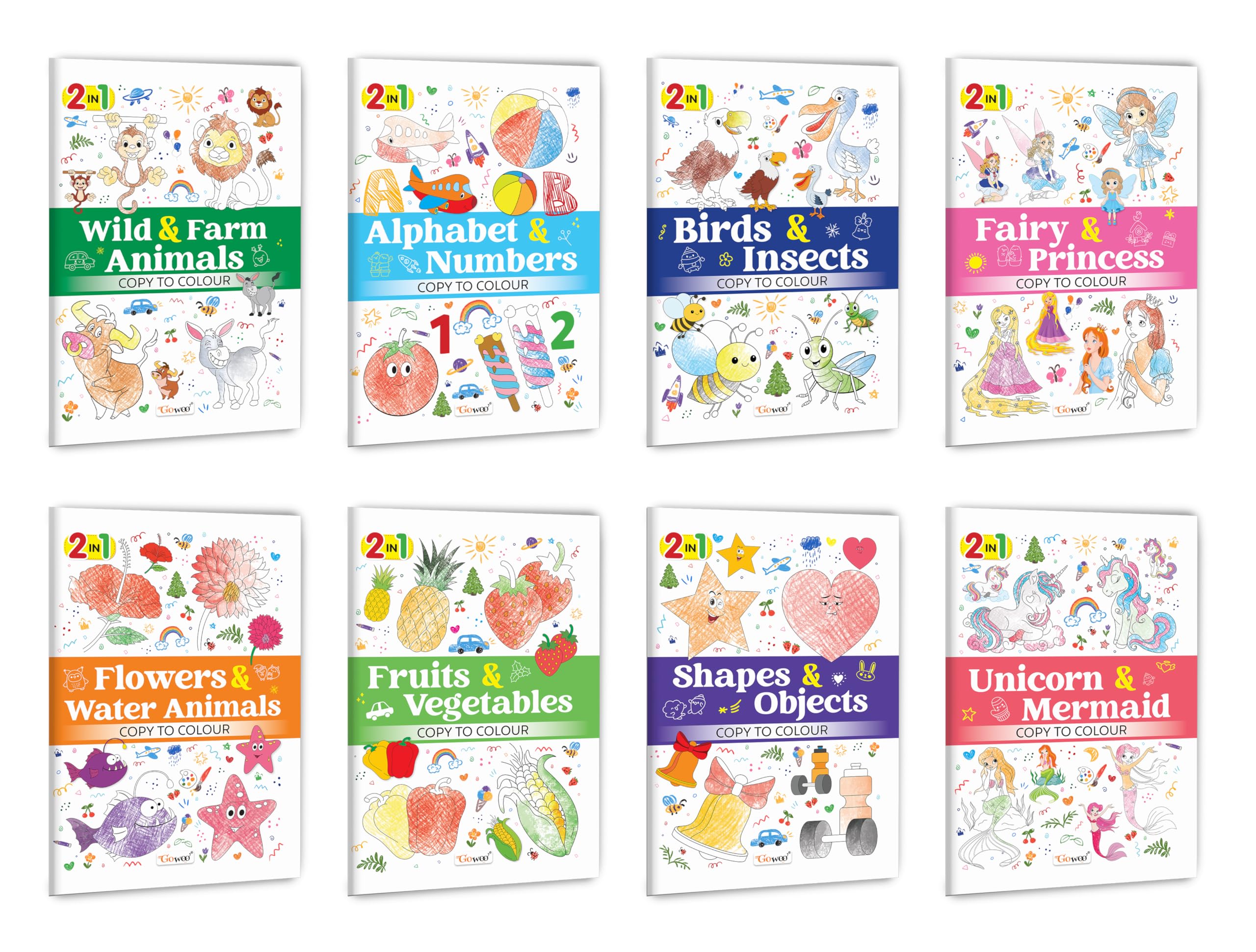 2 in 1 Copy to Colour  Alphabet & Numbers, Birds & Insects, Fairy & Princess and more : Complete kids colouring bundle, Fun en