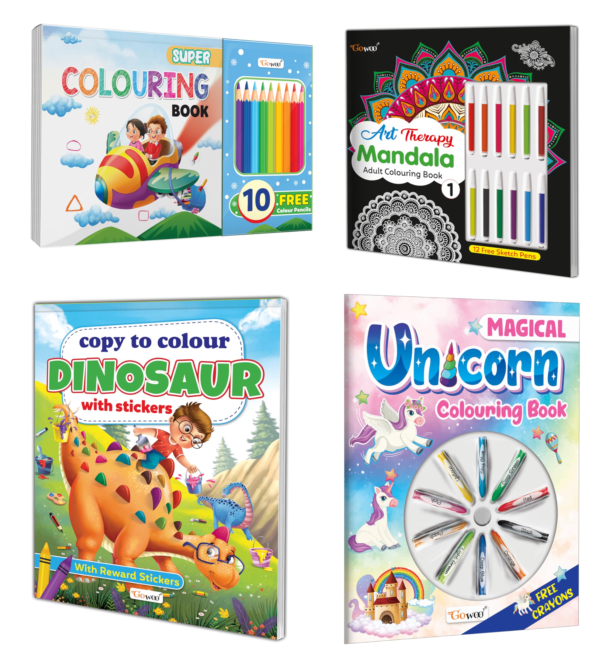 Super Colouring Book With 10 Pencil Colors, Mandala Adult Colouring Book1, Copy to Colour Dinosaurs with Stickers and Magical U