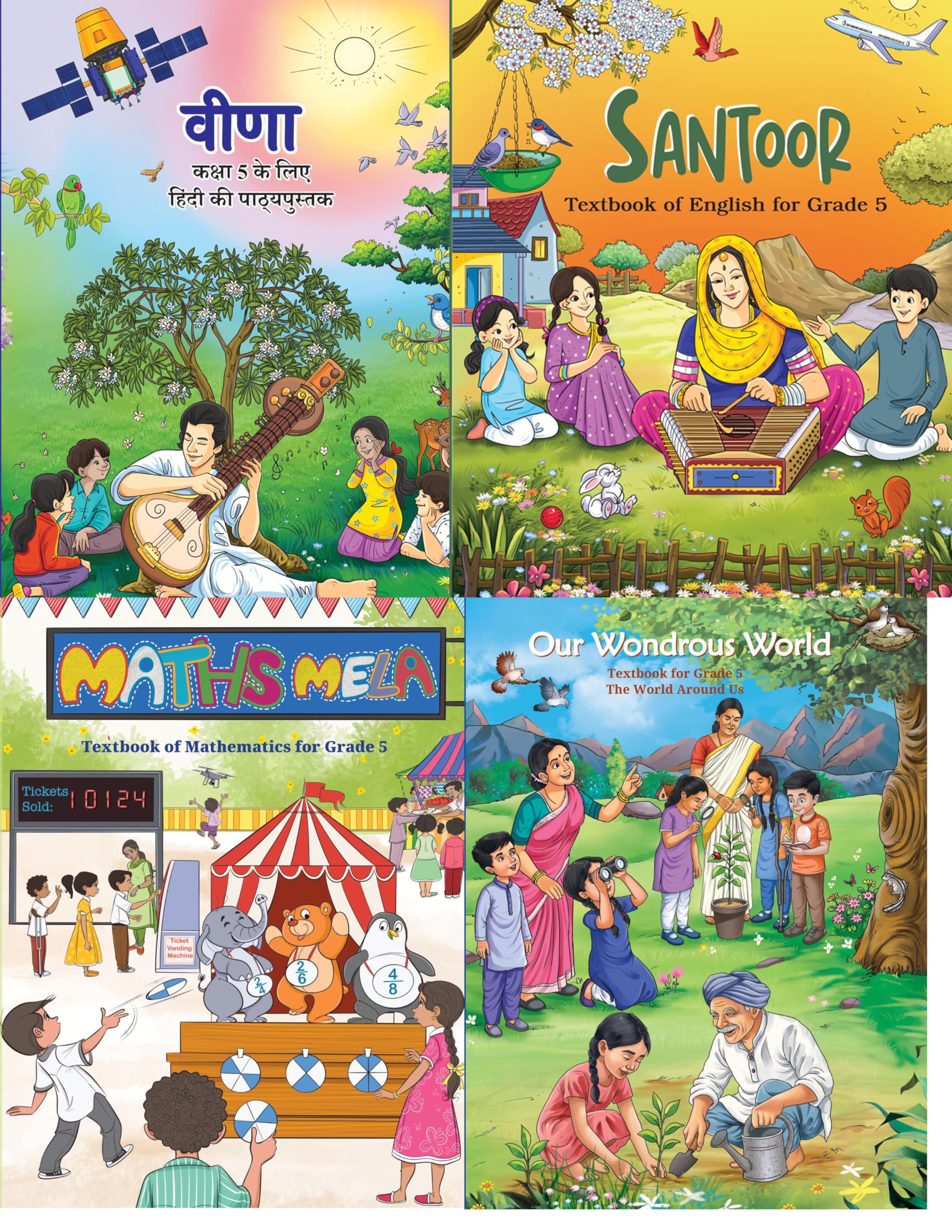 Ncert Class 5 Book Set 4 Books (Veena, Santoor, Math Mela And Our Wonderous World) 4 Book Combo Set 20252026 Edition