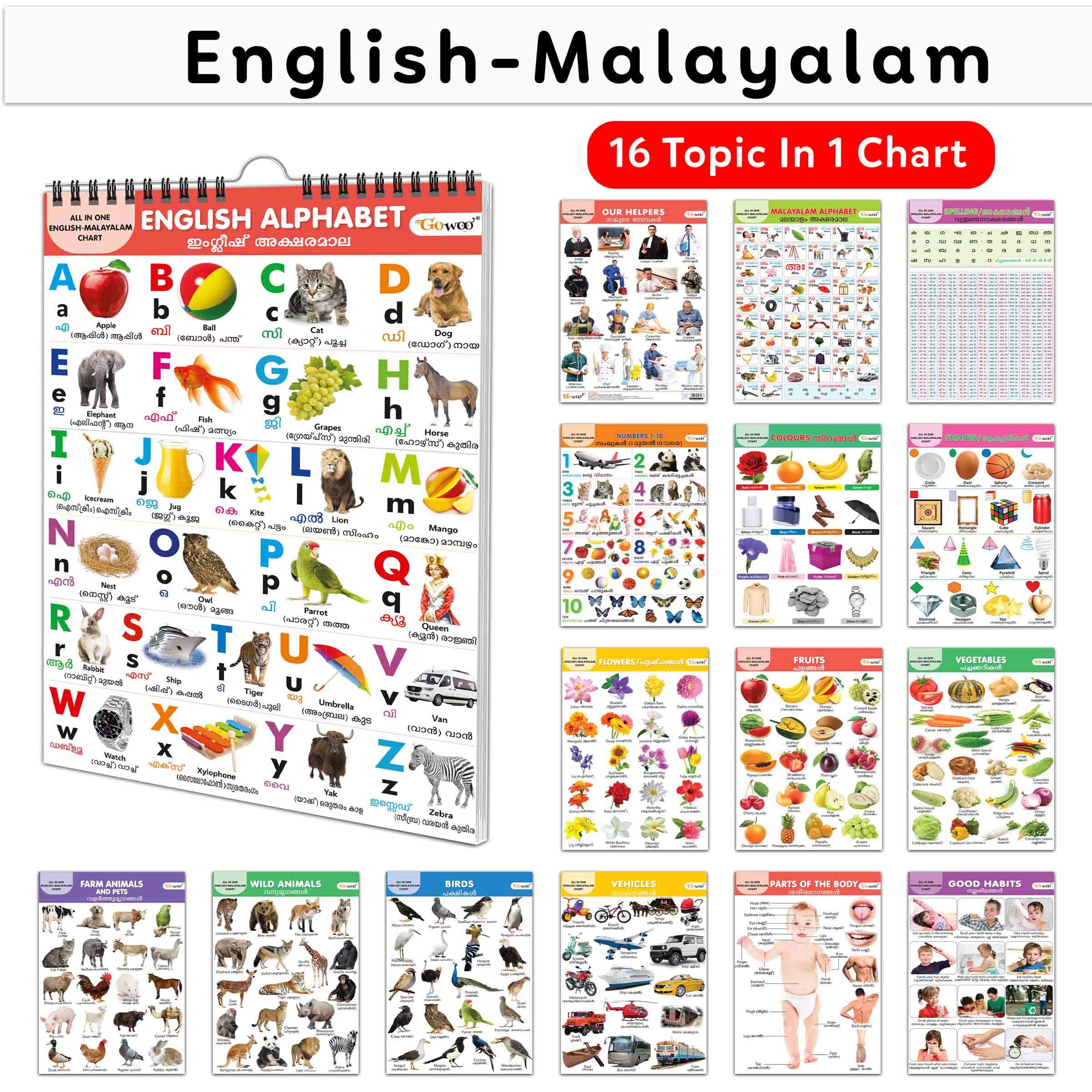 My First ALL IN ONE SPIRAL CHART ENGLISHMALYALAM : Learning Chart book for kids, Educational Chart for toddlers, Collection Wit