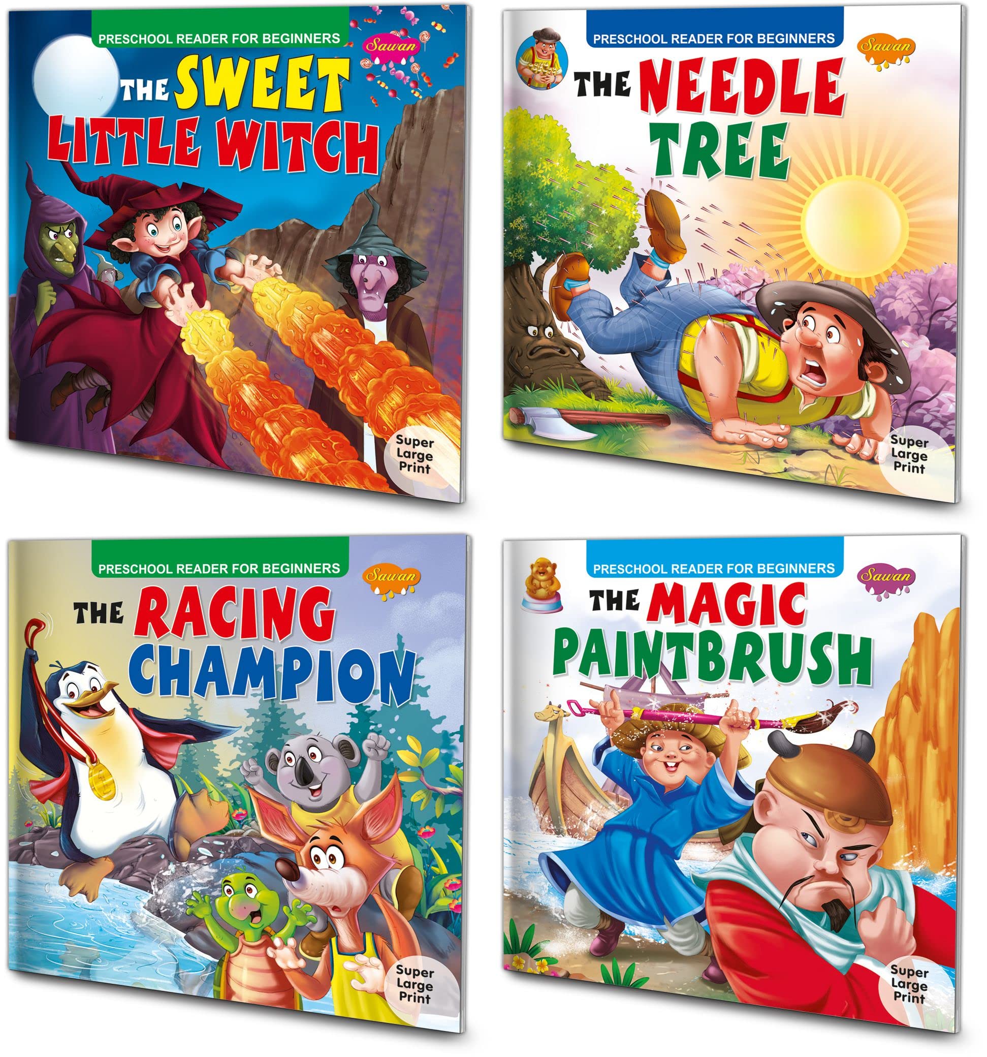 Sawan Story Books For Beginners & Early Readers Pack Of 4 Books (The Magic Paintbrush, The Needle Tree, The Racing Champion, The