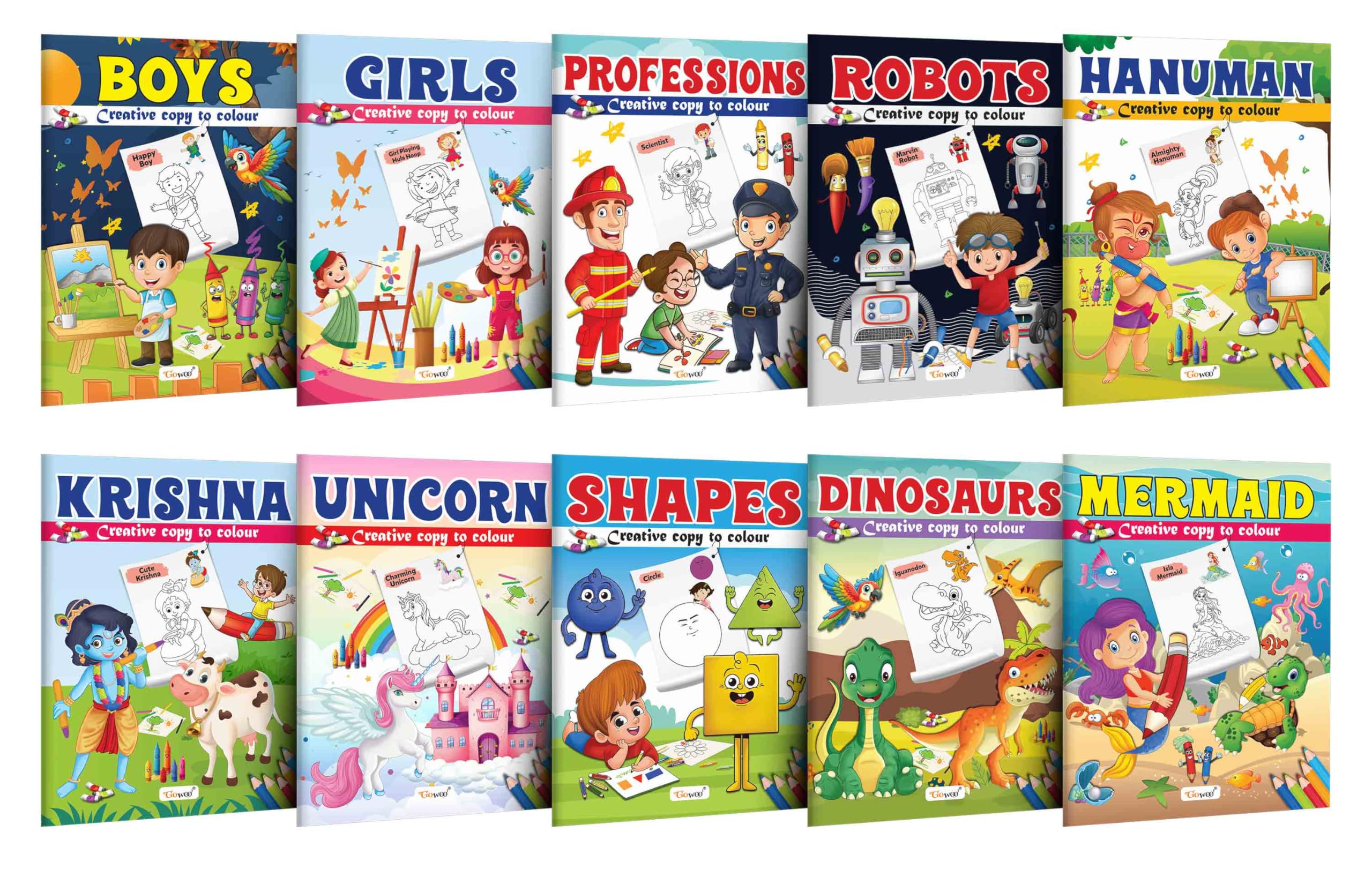 Boys, Girl, Professions, Robot, Hanuman, Krishna, Unicorn, Space, Dinosaurs and Mermaid  Creative Copy to Colour book : Childre