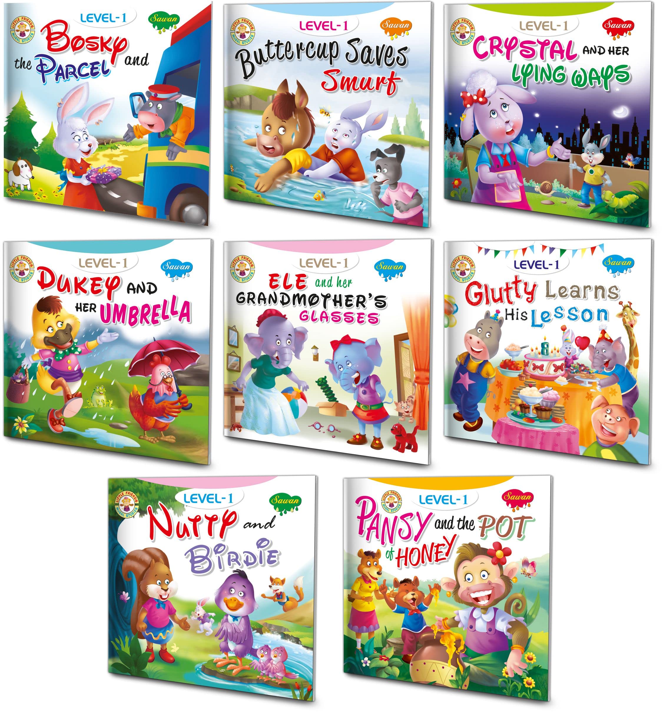 Set Of 8 Story Books Level1 (Bosky And The Parcel, Buttercup Saves Smurf, Crystal And Her Lying Ways, Dukey And Her Umbrella, E