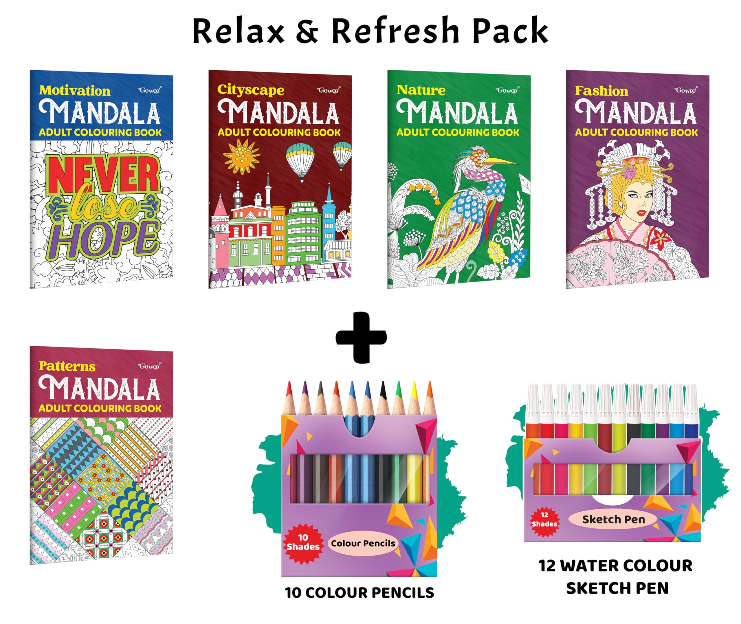 Cityscape, Fashion  Mandala Adult Colouring Book and more with 12 Water Colour Sketch Pens and 10 Colour Pencils : creative ma