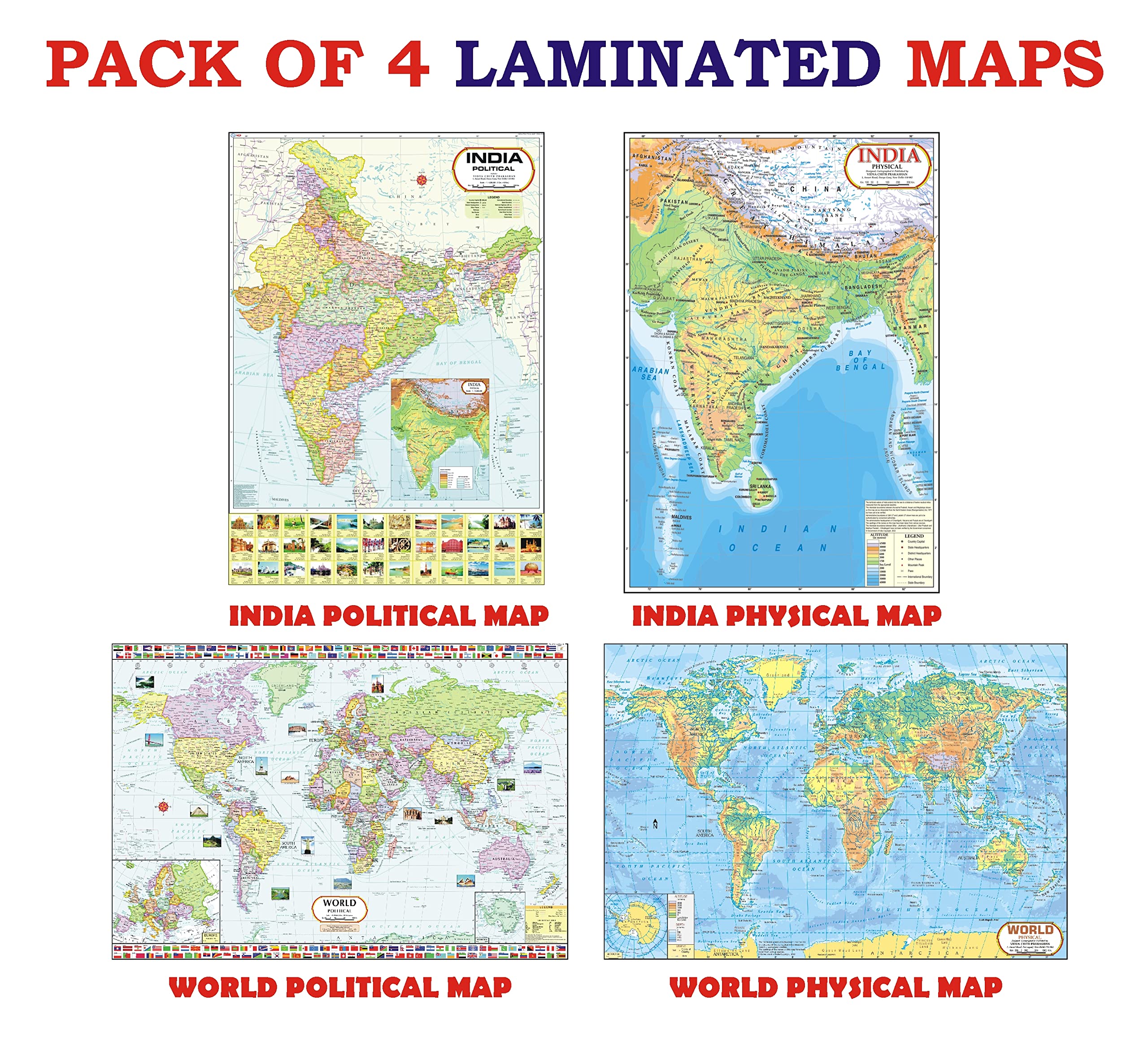 India & World Map (Both Political & Physical) | LAMINATED | SET OF 4 | Useful for UPSC, SSC, IES and other competitive exams