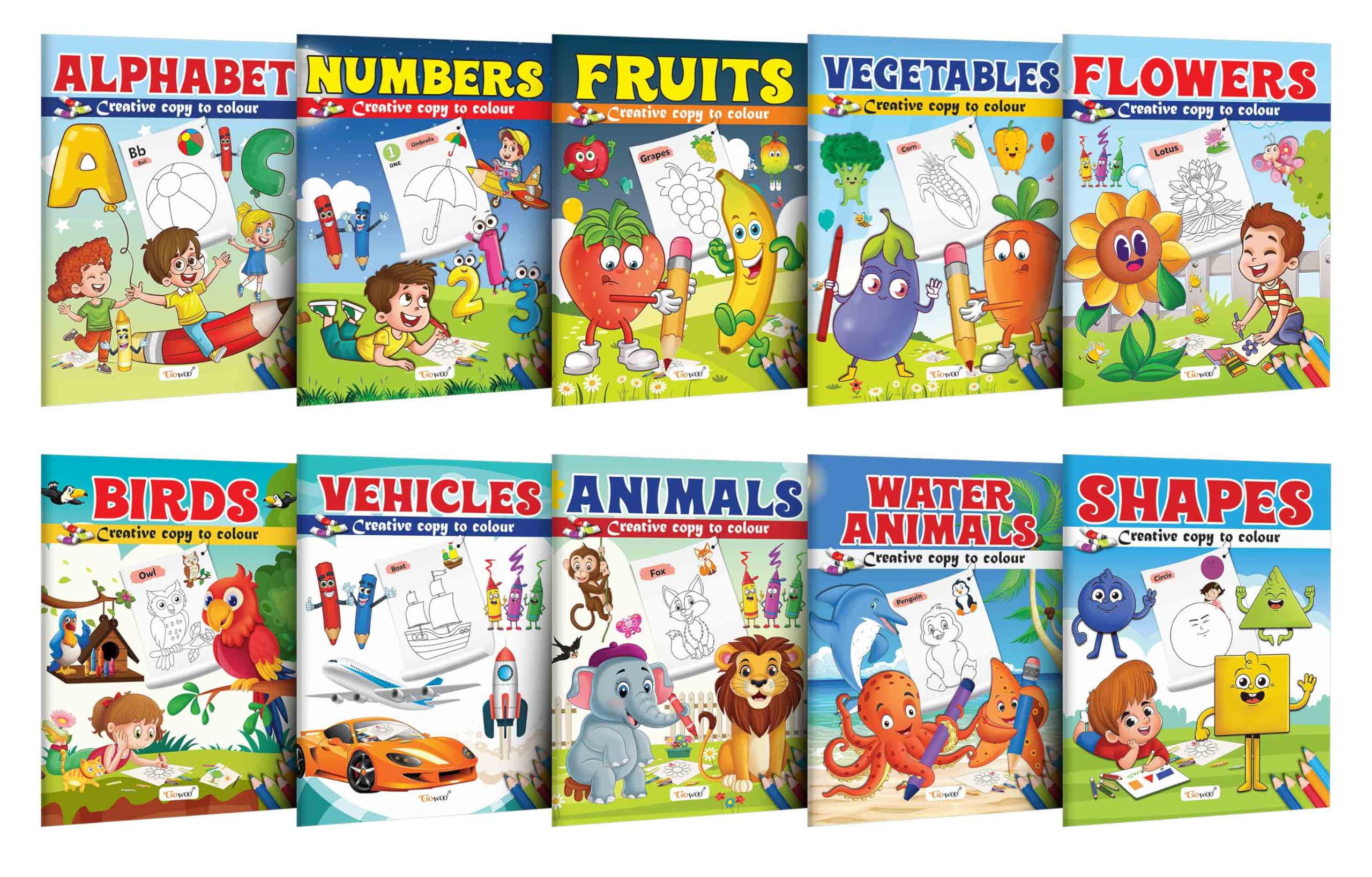 Alphabet, Numbers, Fruits, Vegetables, Flowers, Birds, Vehicle, Animals, Water Animals and Shapes  Creative Copy to Colour book