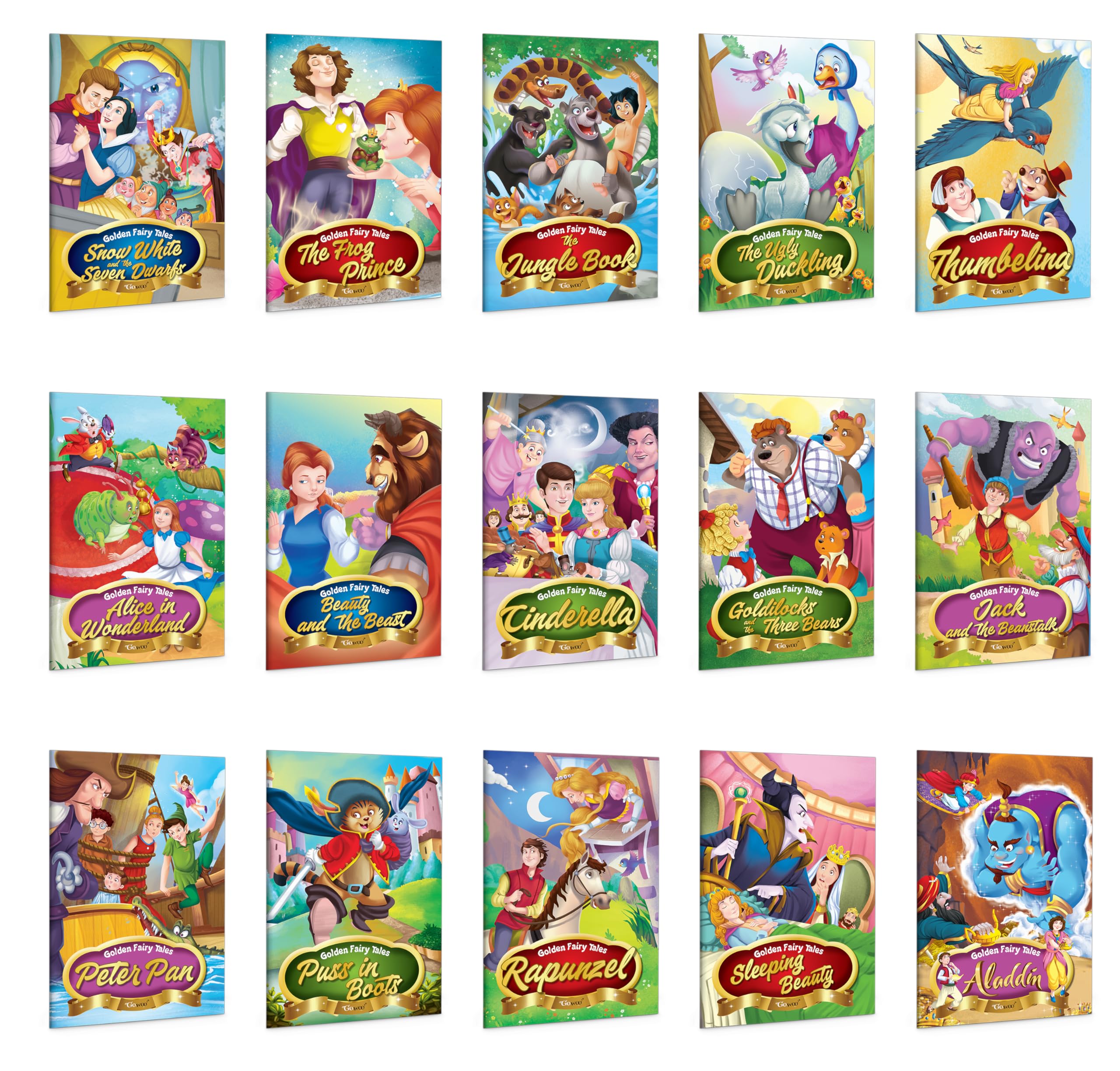 Set of 15 Golden & Classic Fairy Tales Story Books : Aladdin, Alice in Wonderland, Peter Pan, Jack and the Beanstalk,Cinderella 