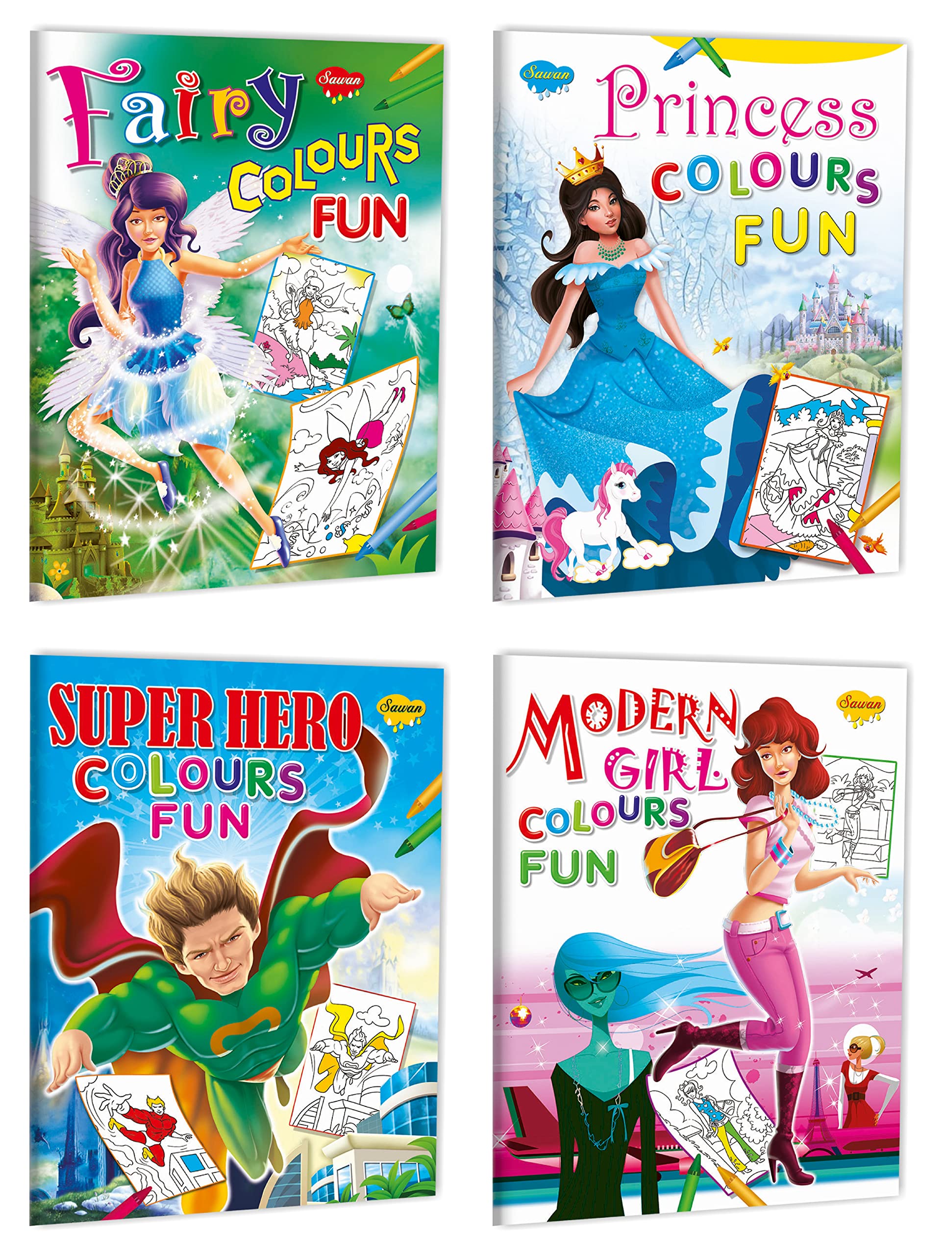 Sawan Present Set Of 4 Colouring Books | Fairy Colours, Fun Princess Colours Fun, Superhero Colours Fun And Modern Girl Colours 