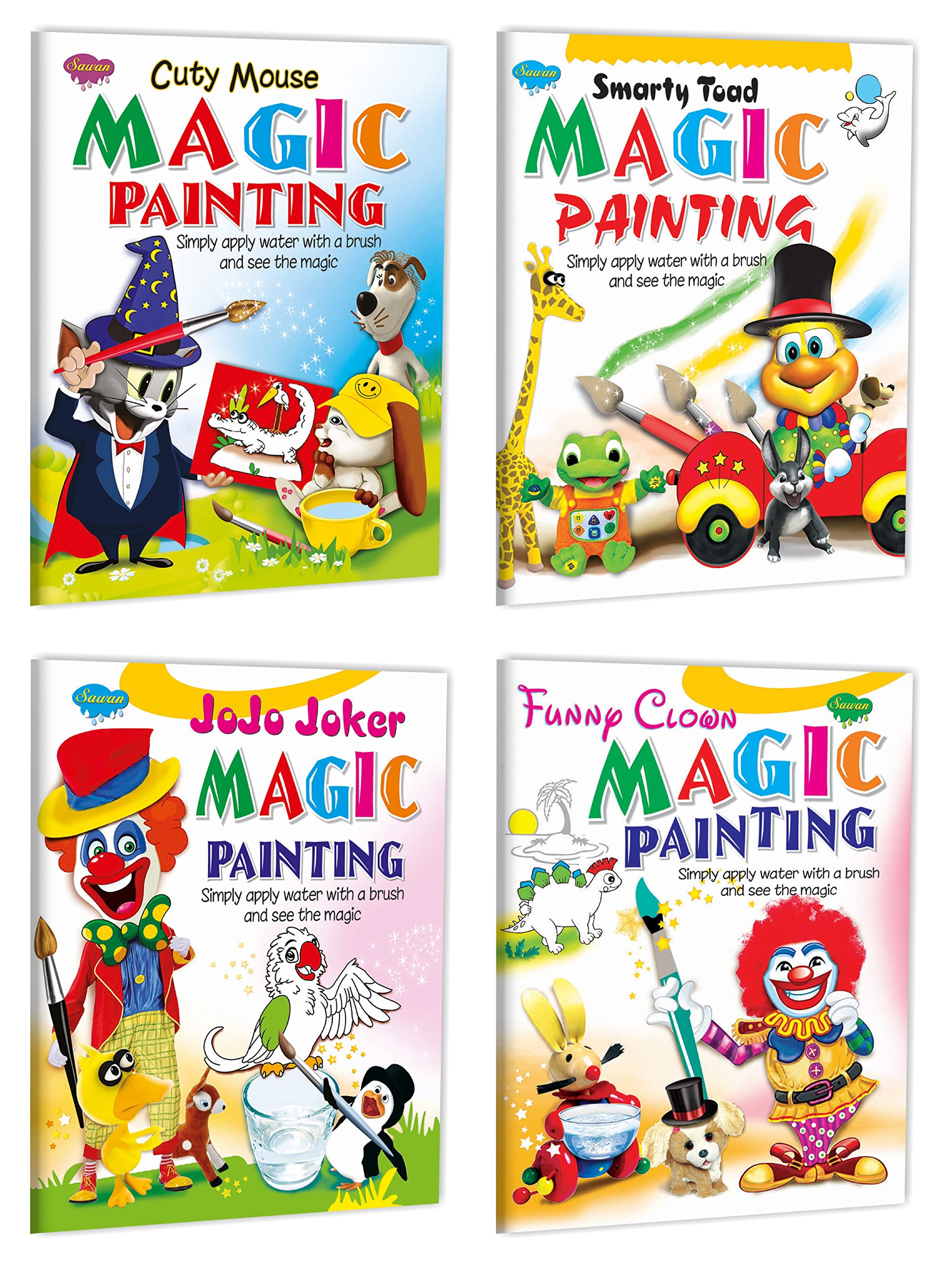 Sawan 4 Magic Painting Books  Cuty Mouse, Smarty Toad, Funny Clown, Jojo Joker | Pack Of 4 Books