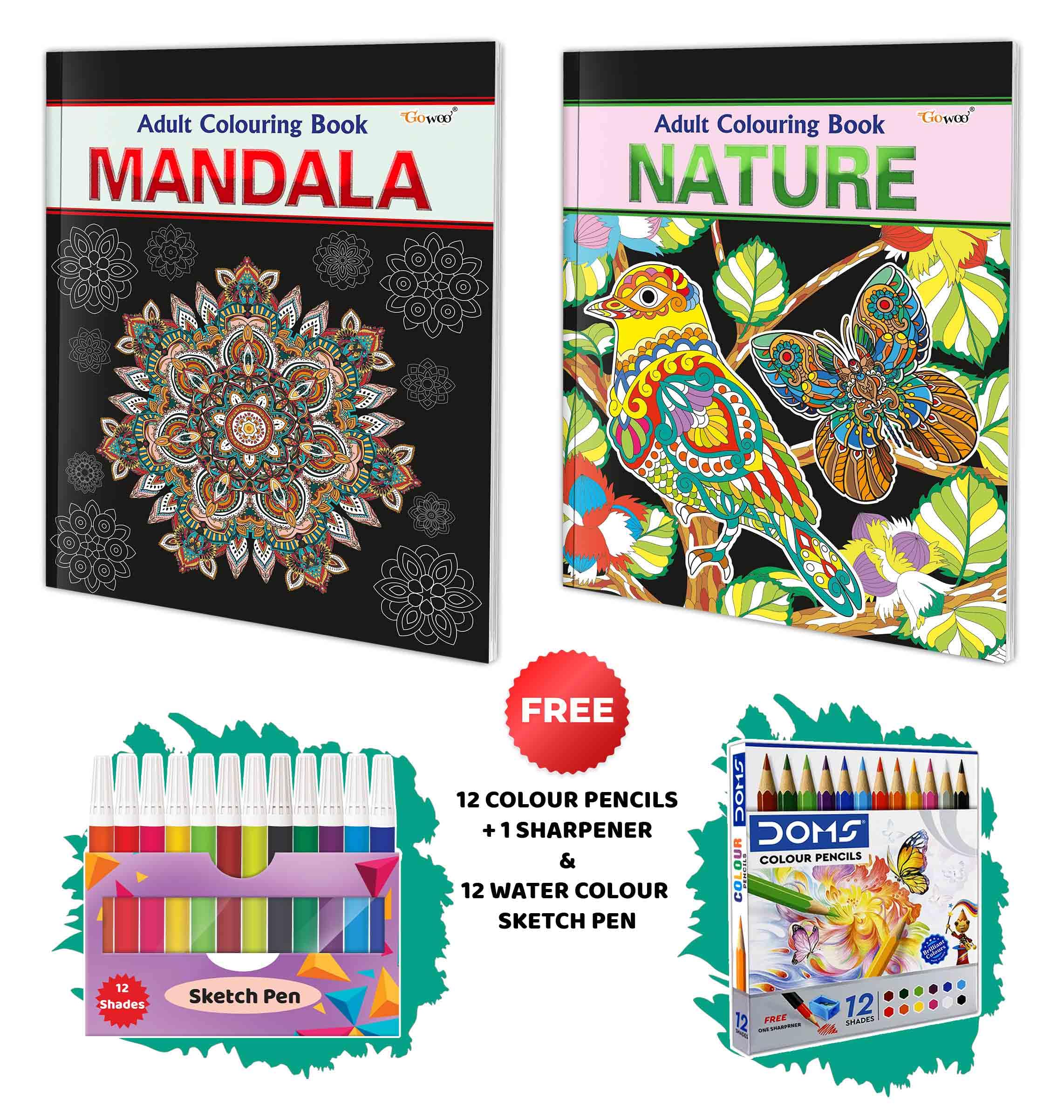 Mandala and Nature  Adult Colouring Book with 12 Water Colour Sketch Pens and 12 Colour Pencils + 1 Sharpener : Relaxing Art Co
