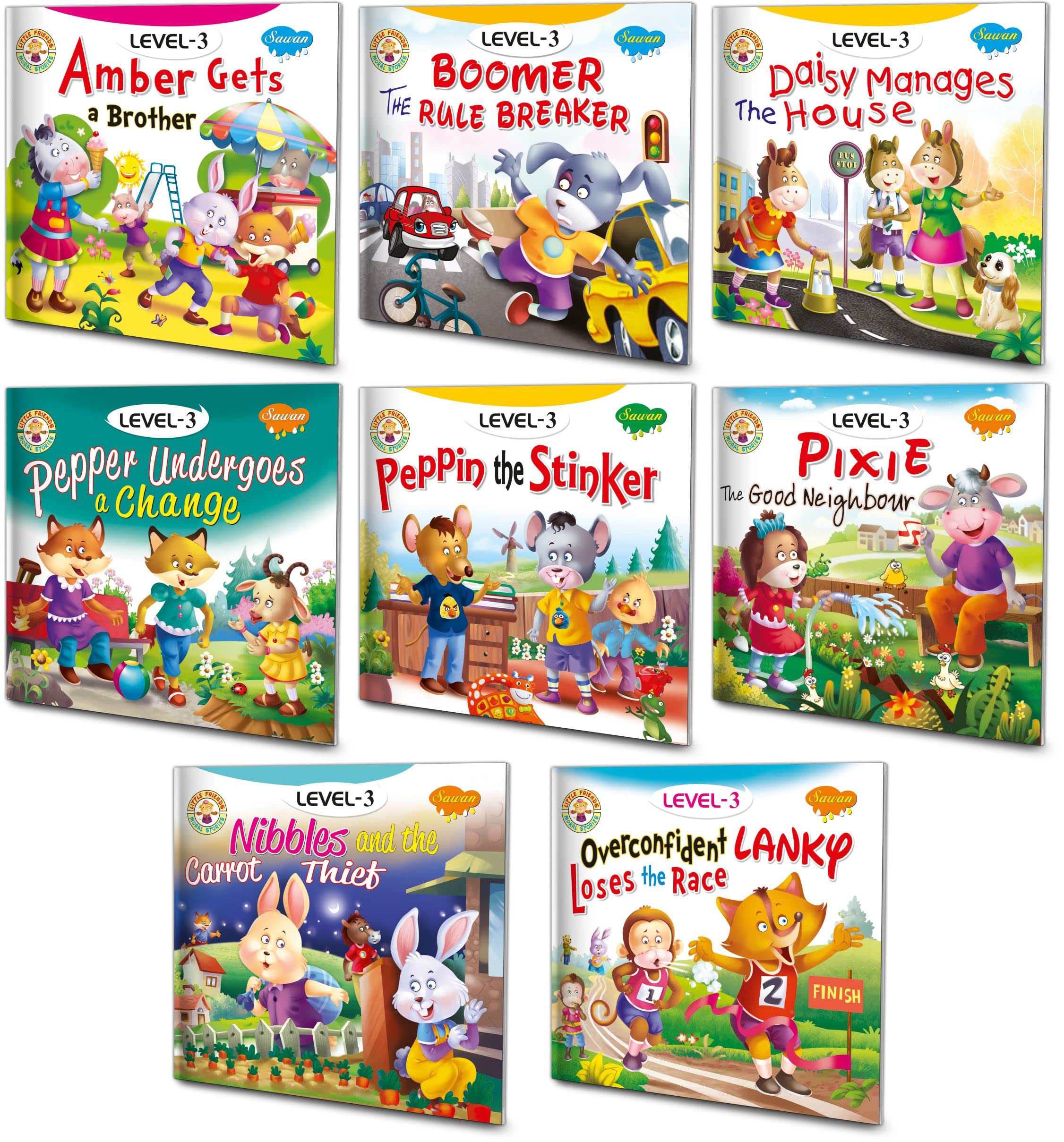 Set Of 8 Story Books Level 3 (Amber Gets Brother, Boomer The Rule Breaker, Daisy Manages The House,Pepper Undergoes A Change, P