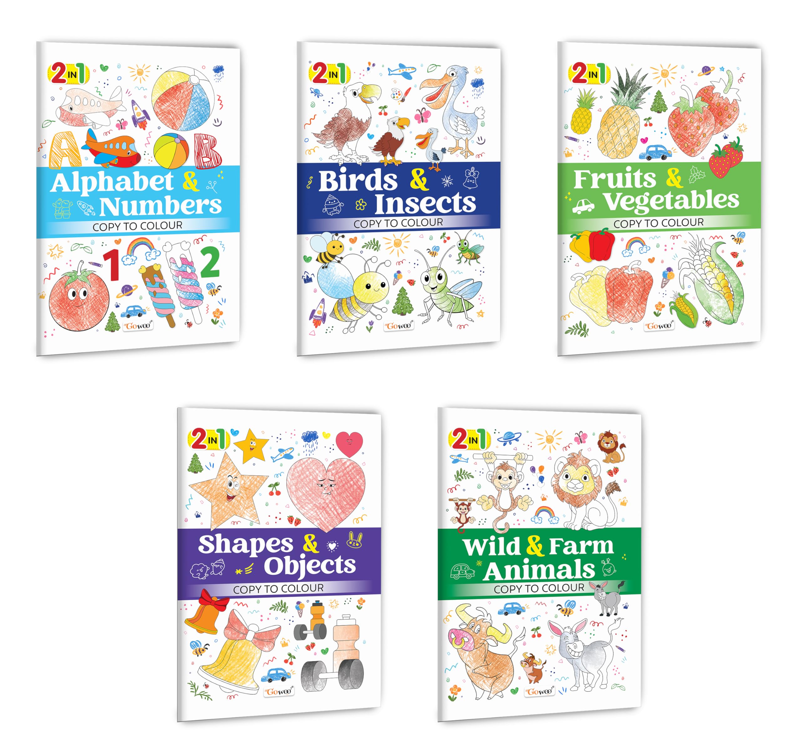 2 in 1 Copy to Colour  Alphabet & Numbers, Birds & Insects, Fruits & Vegetables and more : Multitheme kids colouring, 2 in 1 
