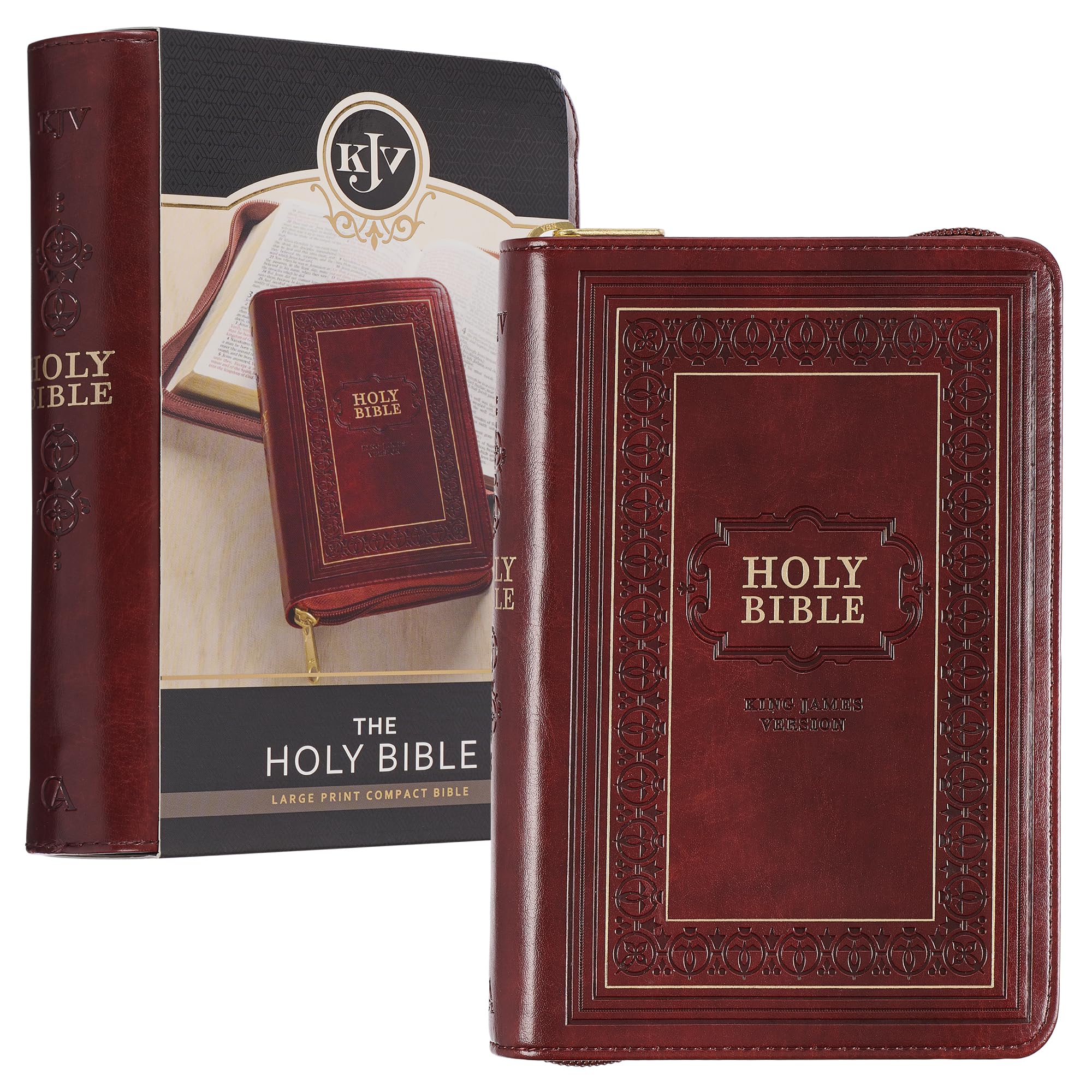 KJV Holy Bible, Compact Large Print Faux Leather Red Letter Edition  Ribbon Marker, King James Version, Burgundy, Zipper Closur