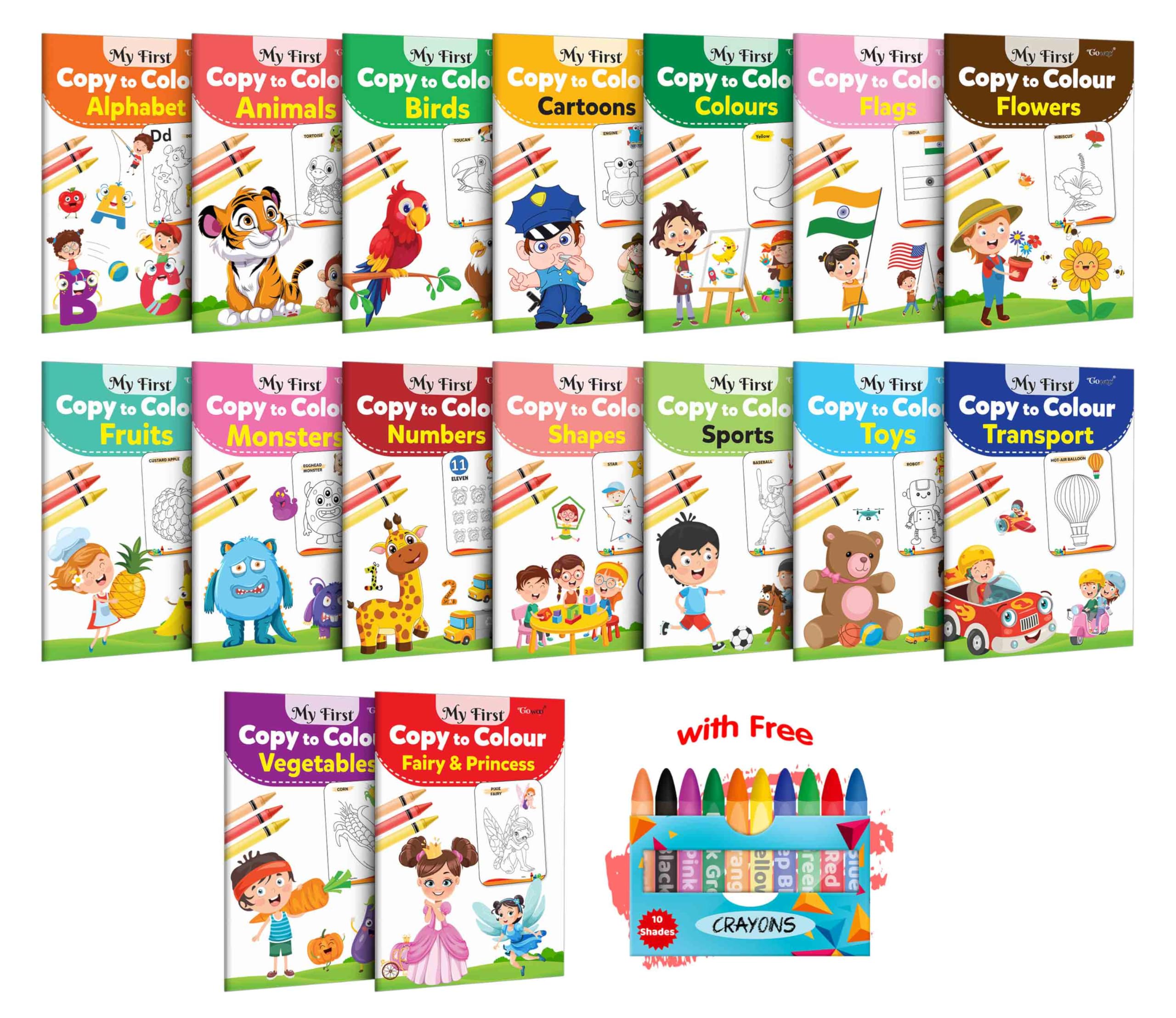 My First Copy to Colour Alphabet, Animals, Birds, Cartoons, Colours, Monster, Flowers, Fruits, Numbers & more with 10 WAX CRAYO