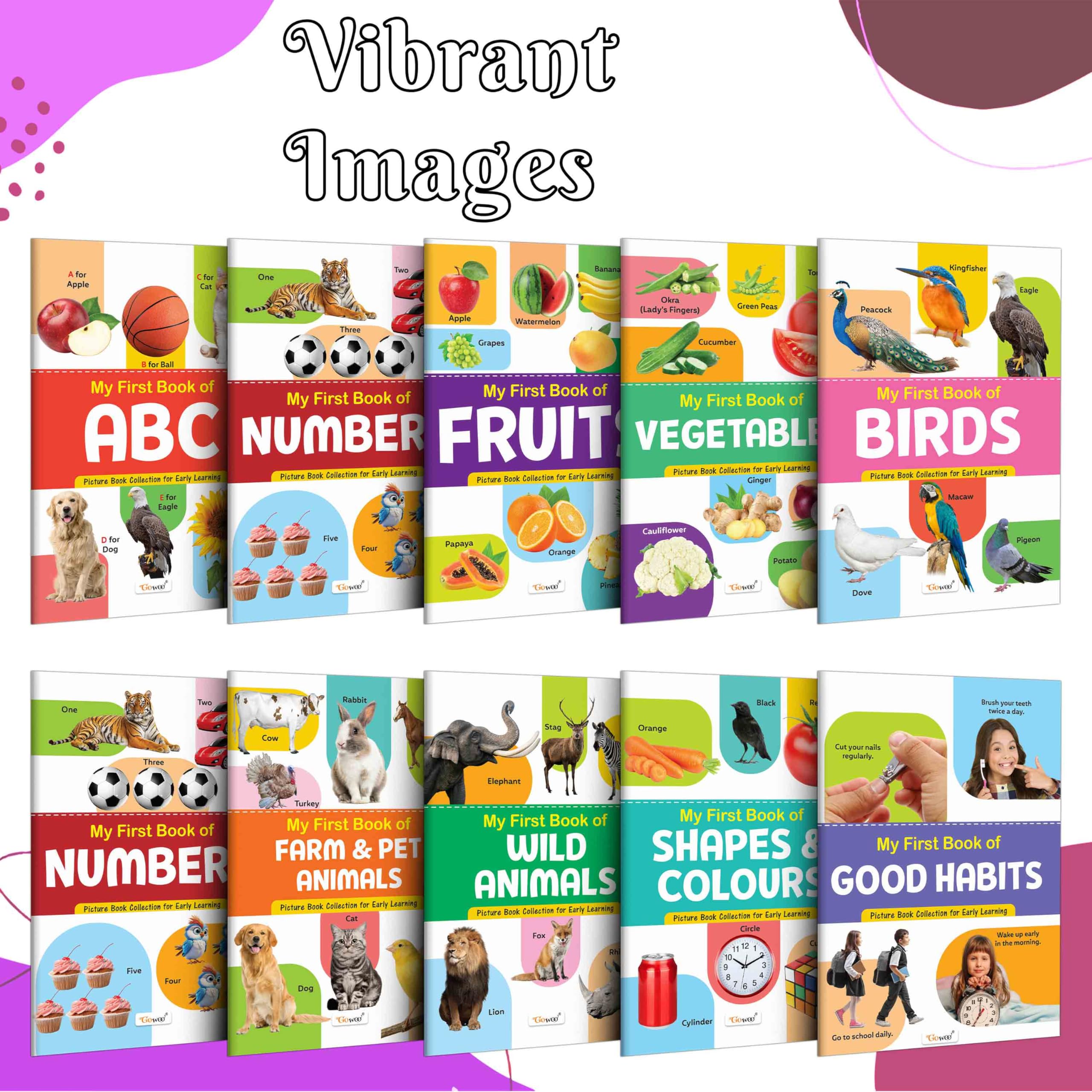 My First Picture Book Collection For Early Learning : With 10 Topics : ABC, Numbers, Fruits, Vegetables, Birds, Flowers, Farm & 
