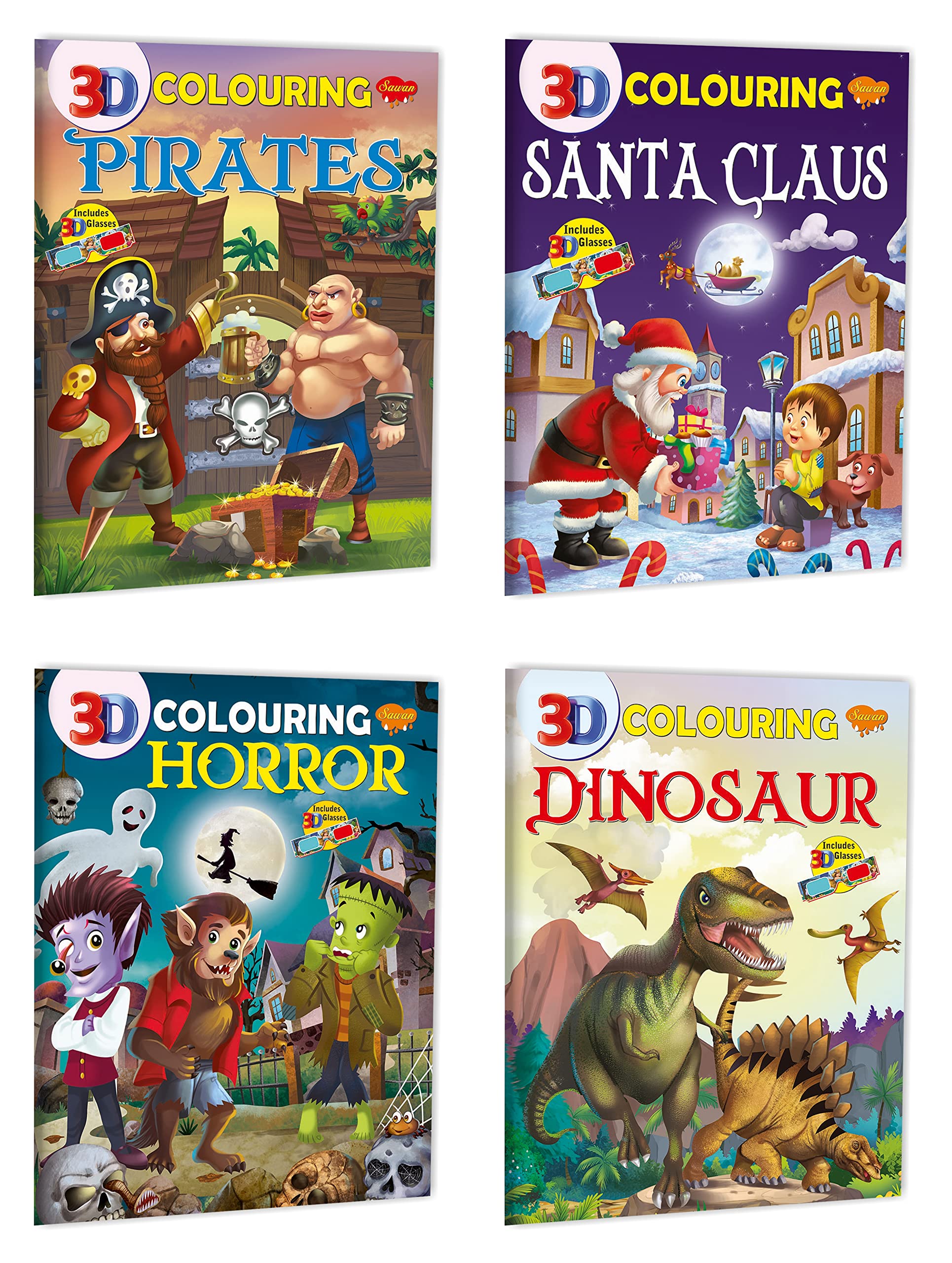 Sawan Set Of 4 3D Colouring Books (3D Colouring: Santa Claus. Pirates, Horror, Dinosaur)