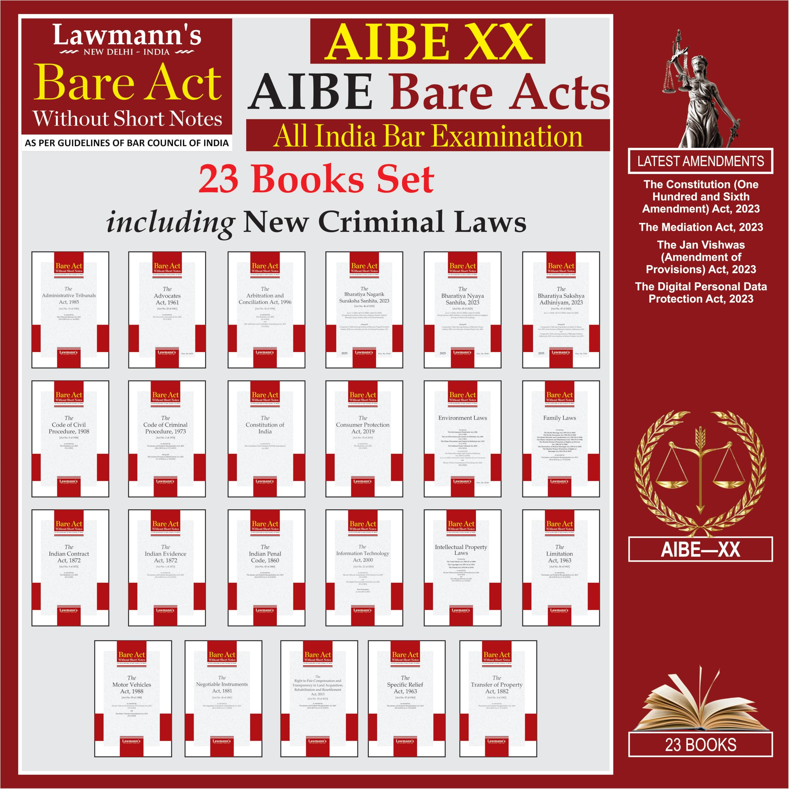 Aibe Bare Acts Without Notes | 23 Books Set Combo | 45+ Acts Including New Criminal Laws Bnss, Bns, Bsa | As Per Bar Council Of 