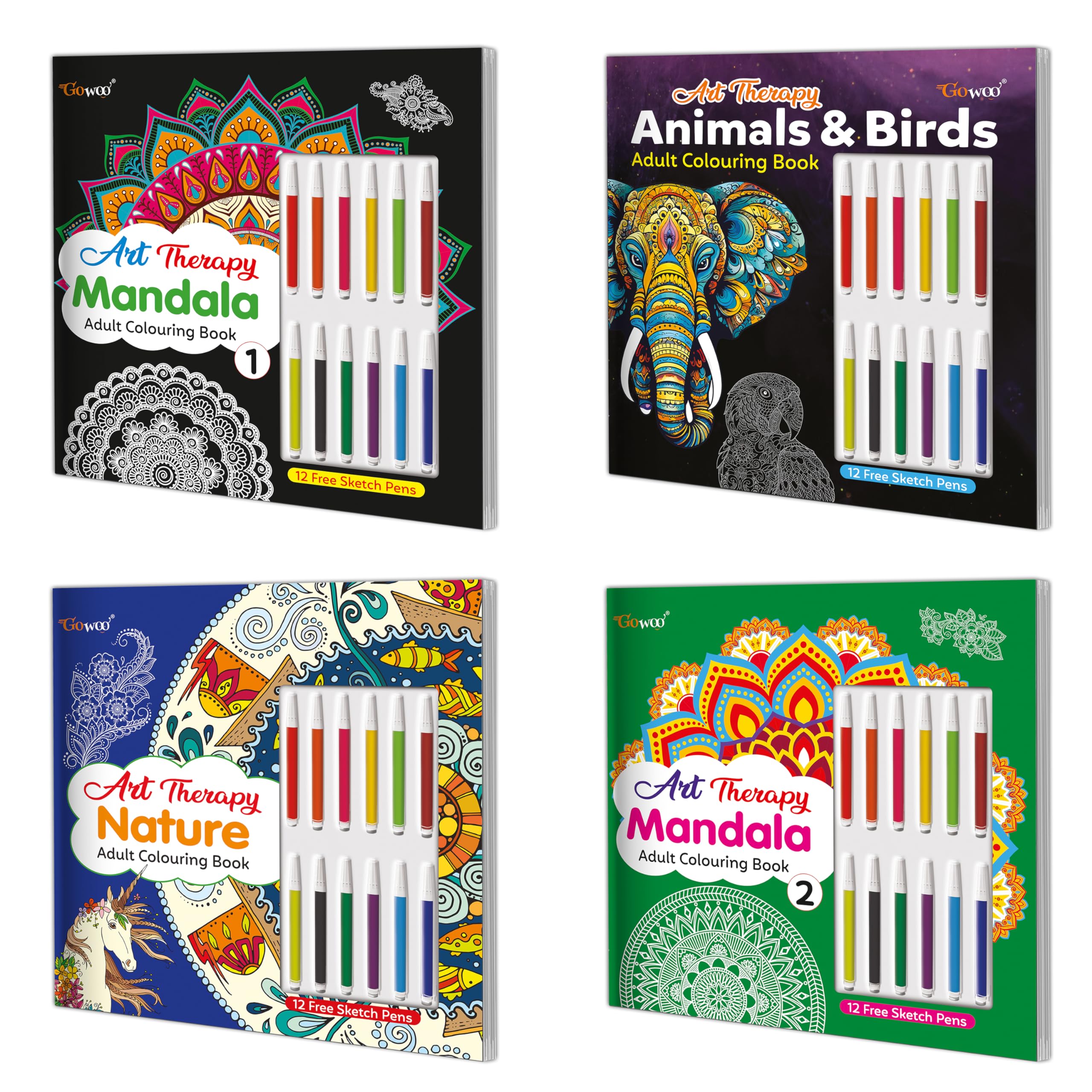 Art Therapy Mandala Adult Colouring Book1, Book2, Animals & Birds and Nature Adult Colouring Book | Combo of 4 adult colouring