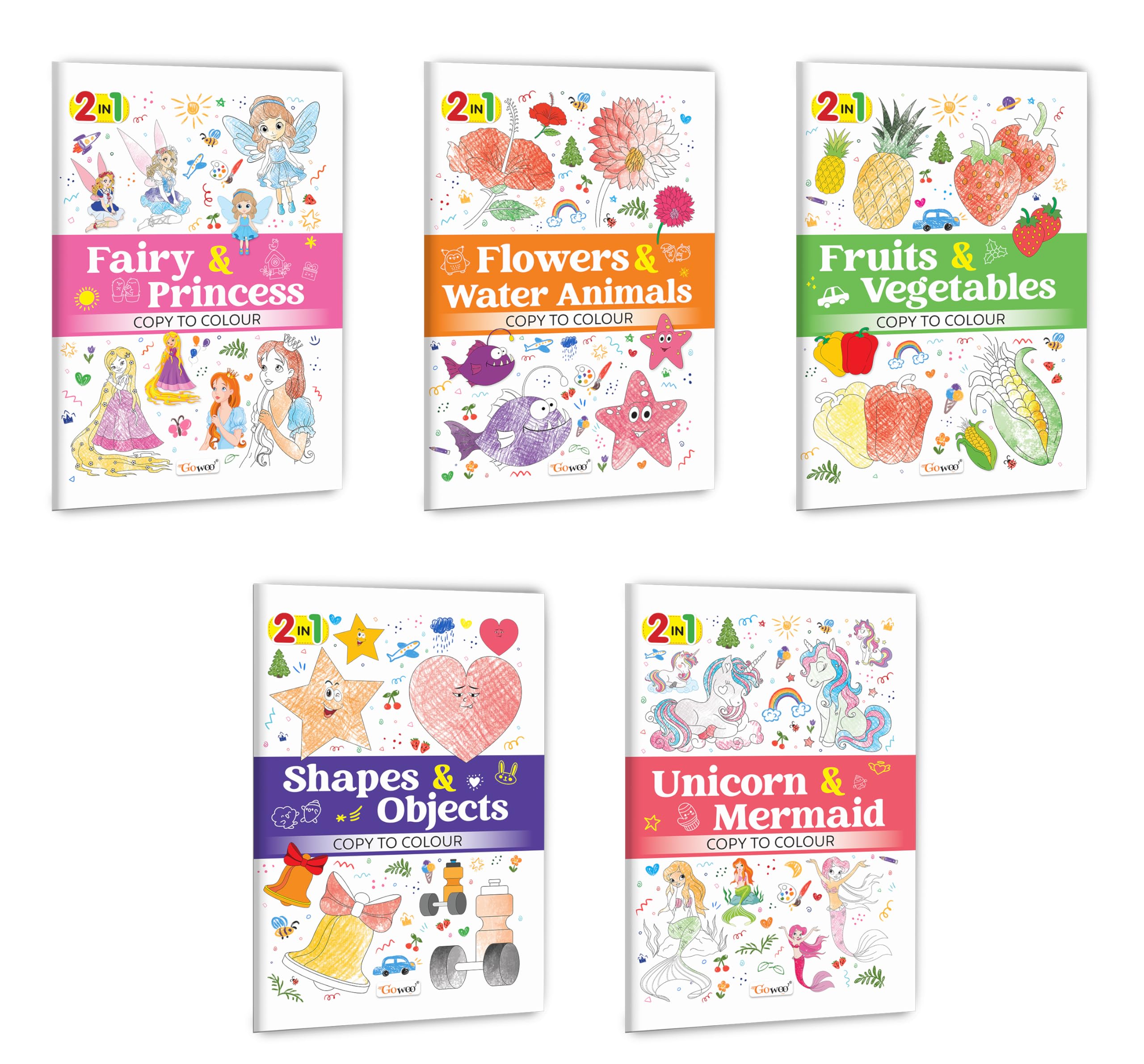 2 in 1 Copy to Colour  Fairy & Princess, Flowers & Water Animals, Fruits & Vegetables and more : Magical and nature colouring,