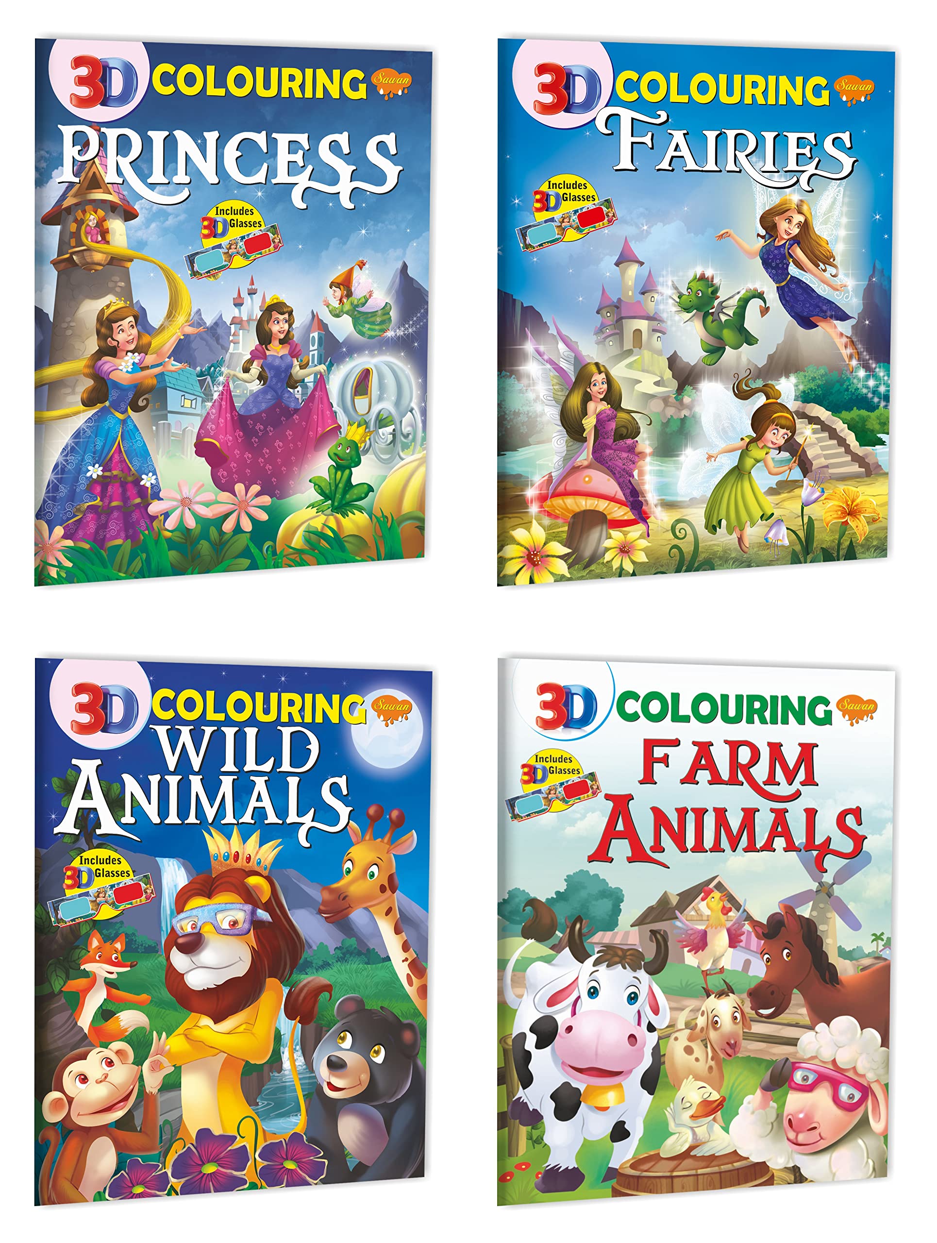 Sawan Set Of 4 3D Colouring Books (3D Colouring: Princess, Fairies, Wild Animals, Farm Animals)