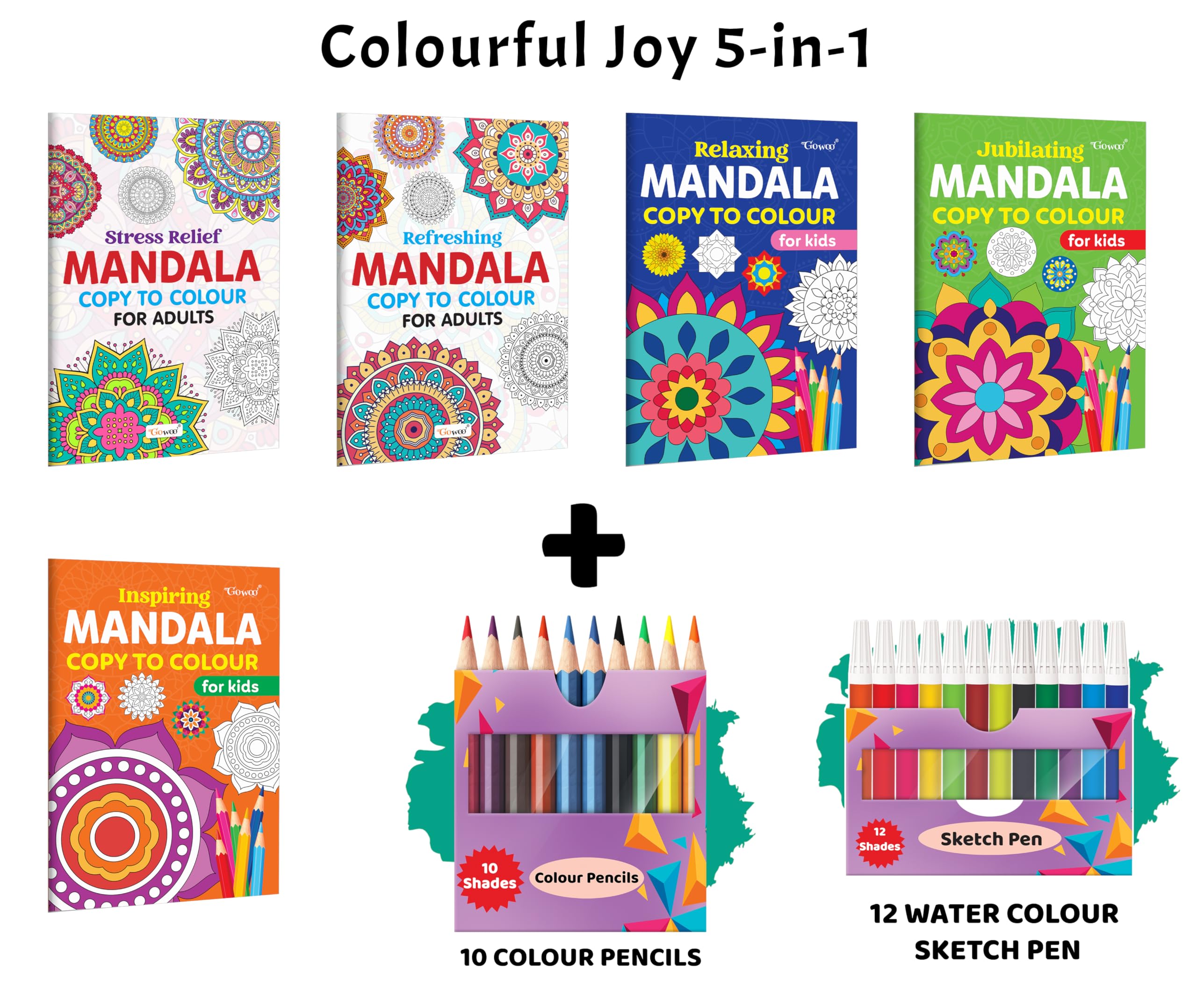 Stress Relief, Refreshing, Relaxing  Mandala Copy to Colour for Adults & Kids and more with 12 Water Colour Sketch Pens and 10 