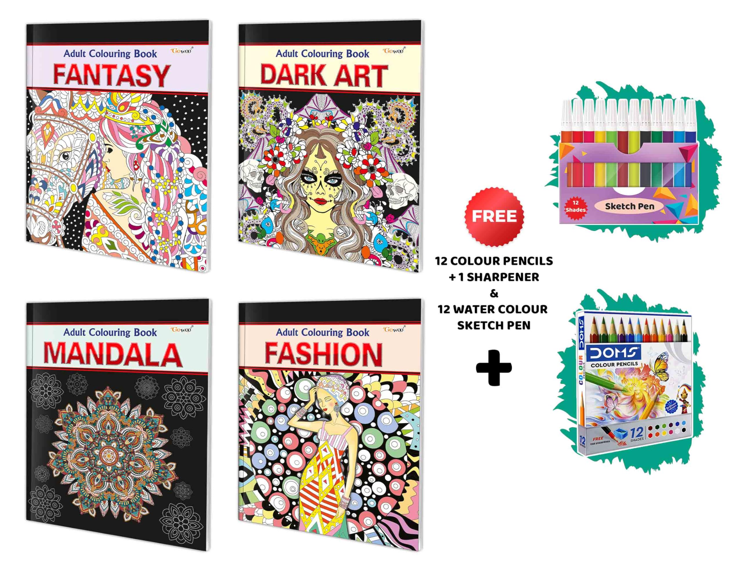 Fantasy, Dark Art, Mandala and Fashion  Adult Colouring Book with 12 Water Colour Sketch Pens and 12 Colour Pencils + 1 Sharpen